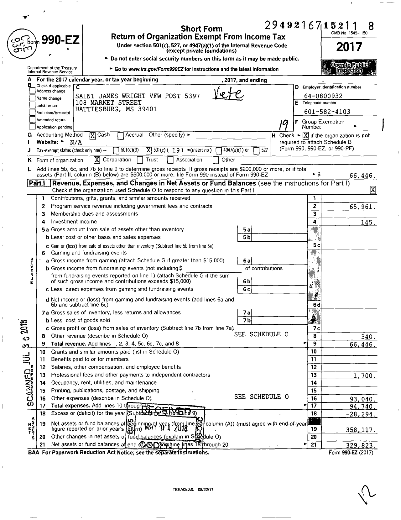 Image of first page of 2017 Form 990EO for Veterans of Foreign Wars Department of Mississippi - St James Wright VFW Post 5397