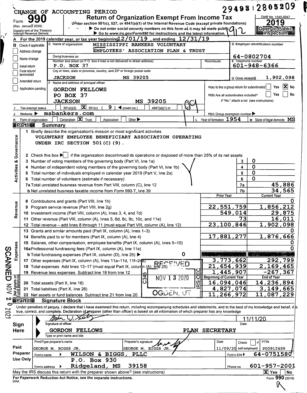 Image of first page of 2019 Form 990O for Mississippi Bankers Voluntary Employees' Association Plan and Trust