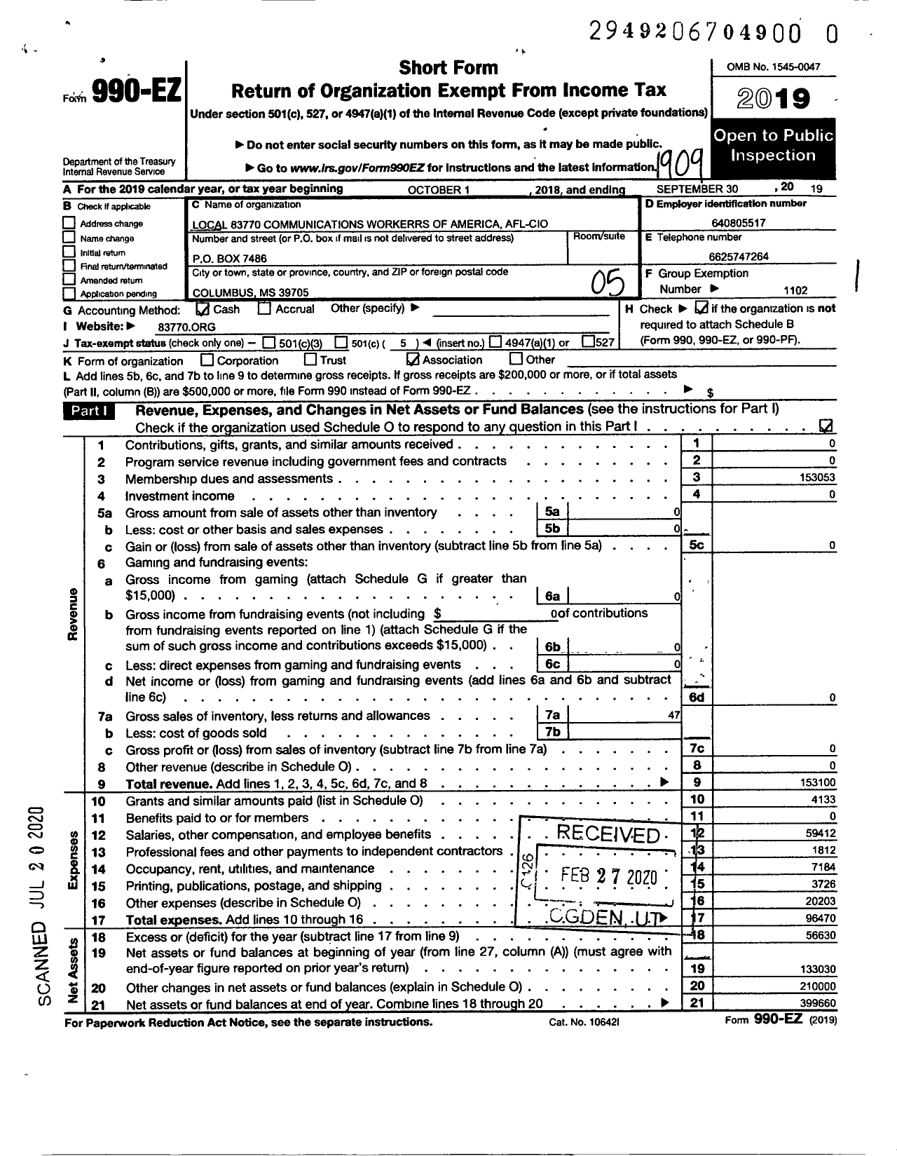 Image of first page of 2018 Form 990EO for Communications Workers of America - 83770 Local