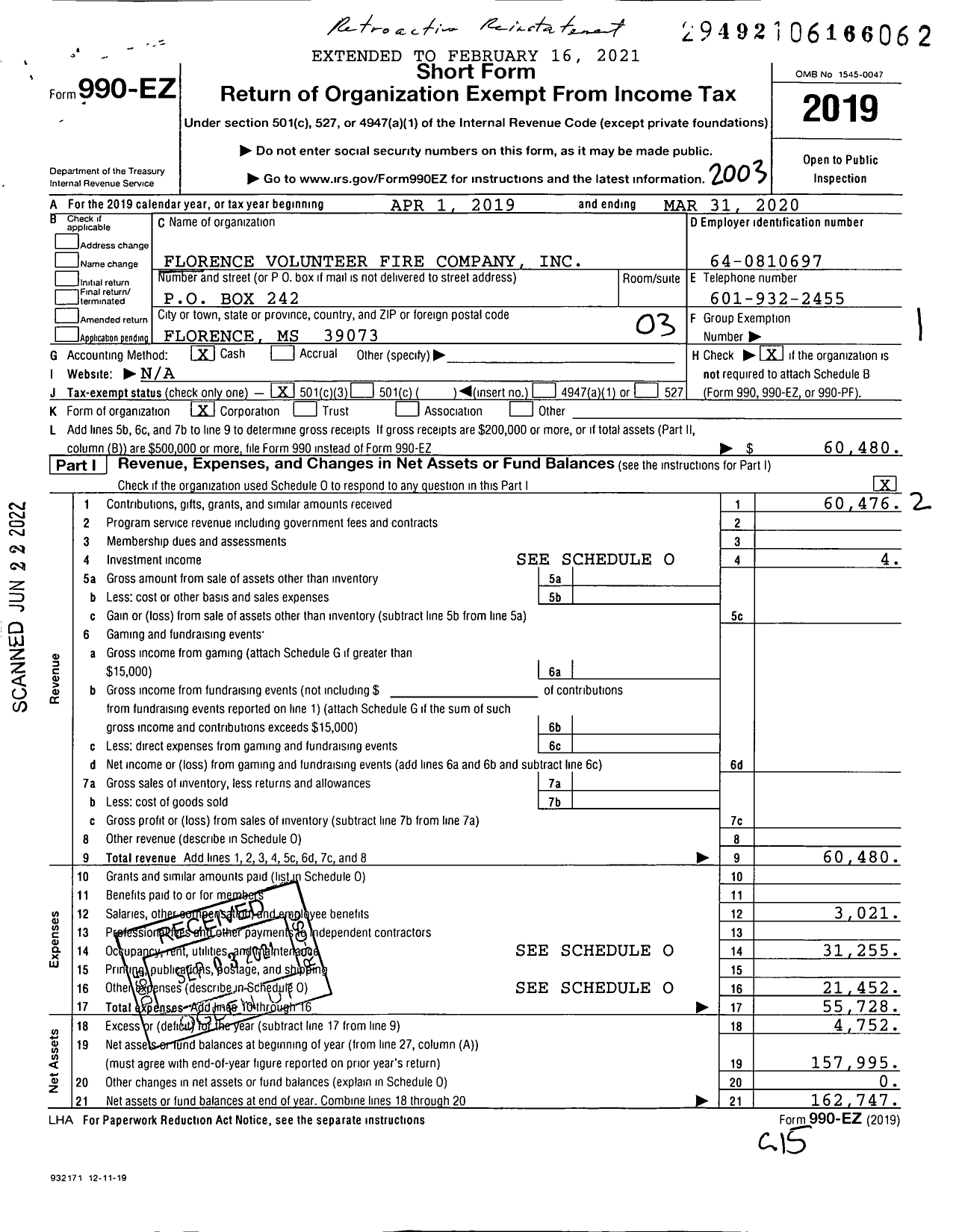 Image of first page of 2019 Form 990EZ for Florence Volunteer Fire Company