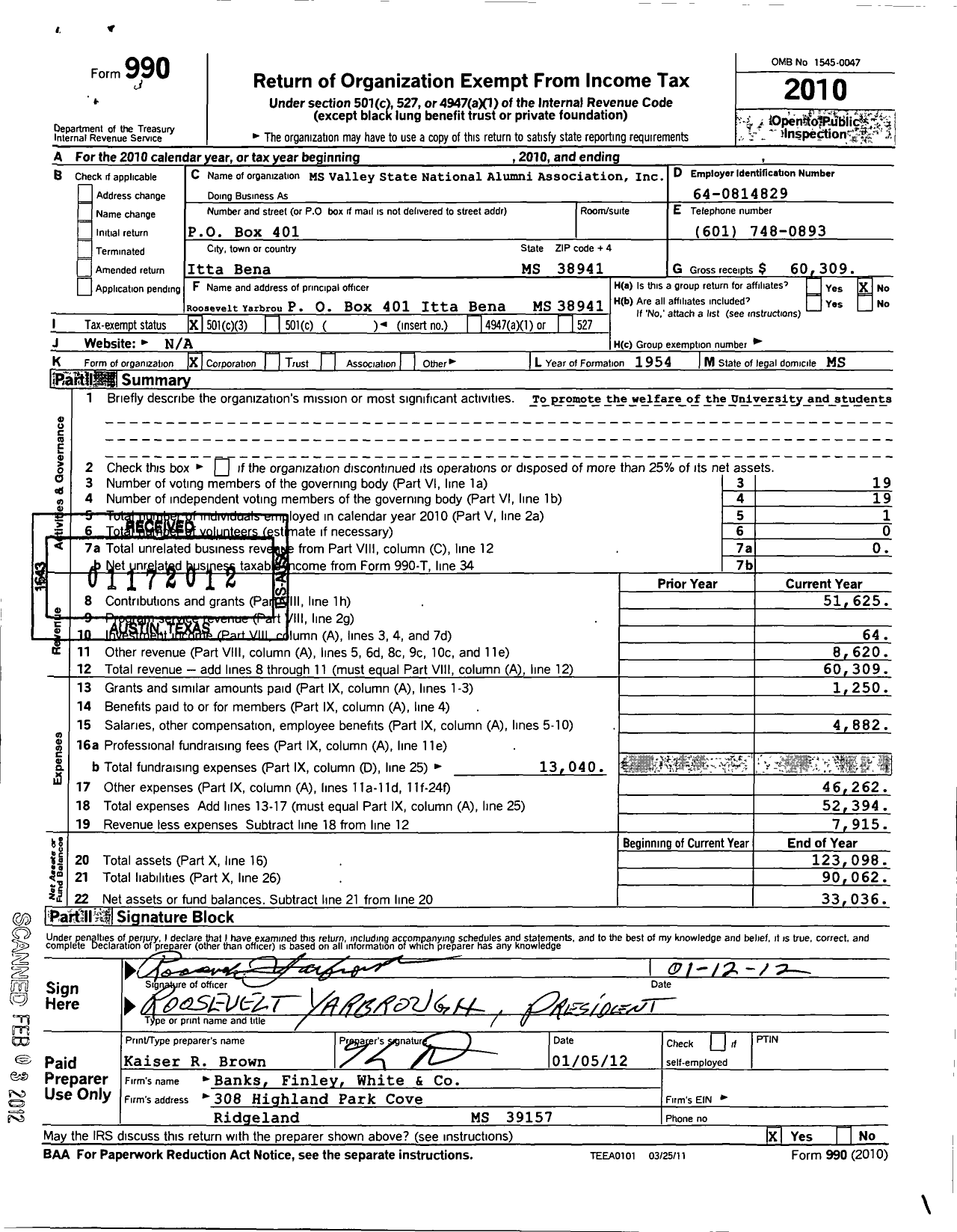 Image of first page of 2010 Form 990 for MS Valley State National Alumni Association