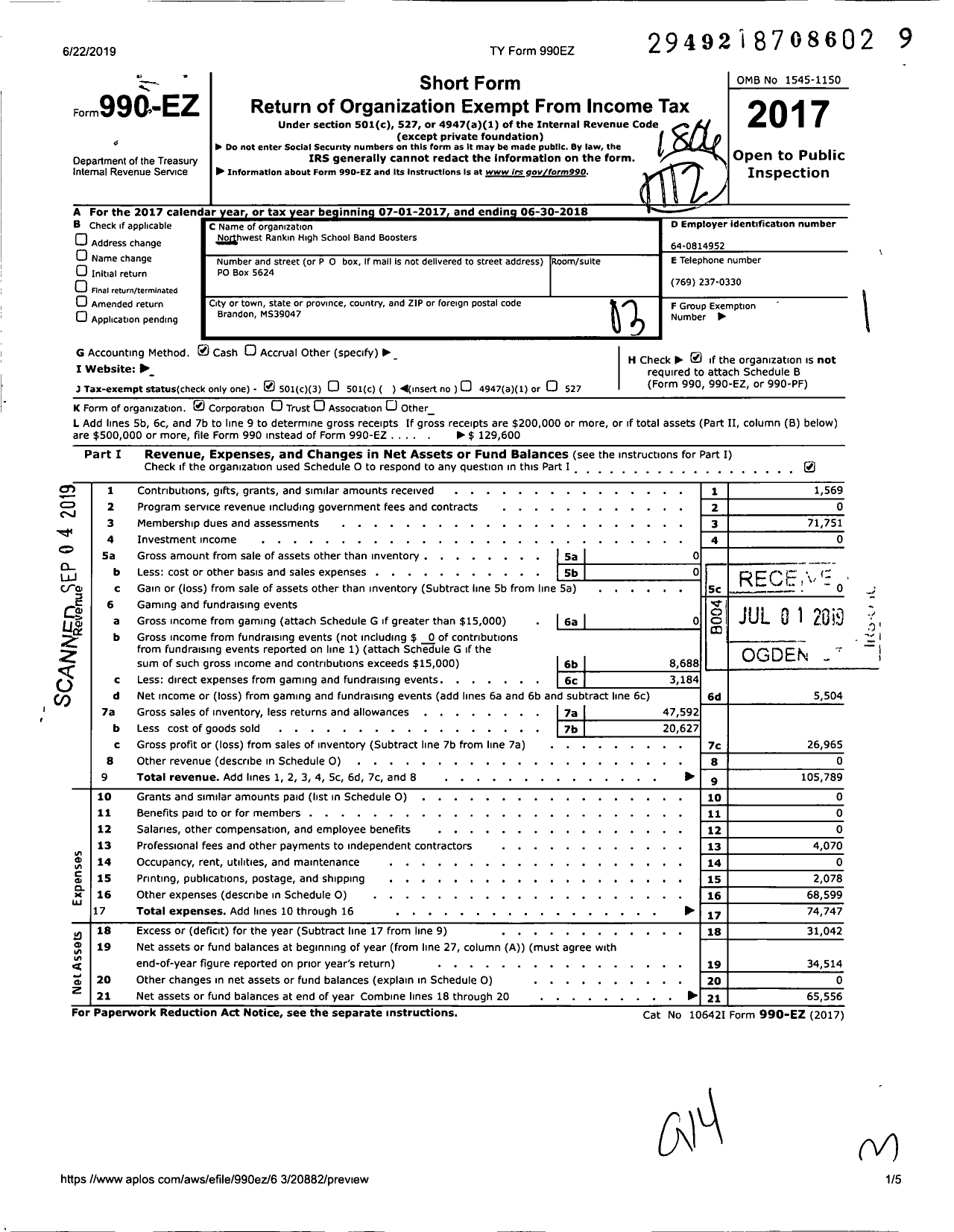 Image of first page of 2017 Form 990EZ for Northwest Rankin High School Band Boosters