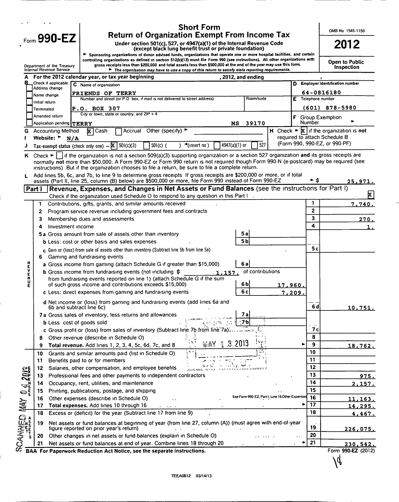 Image of first page of 2012 Form 990EZ for Friends of Terry