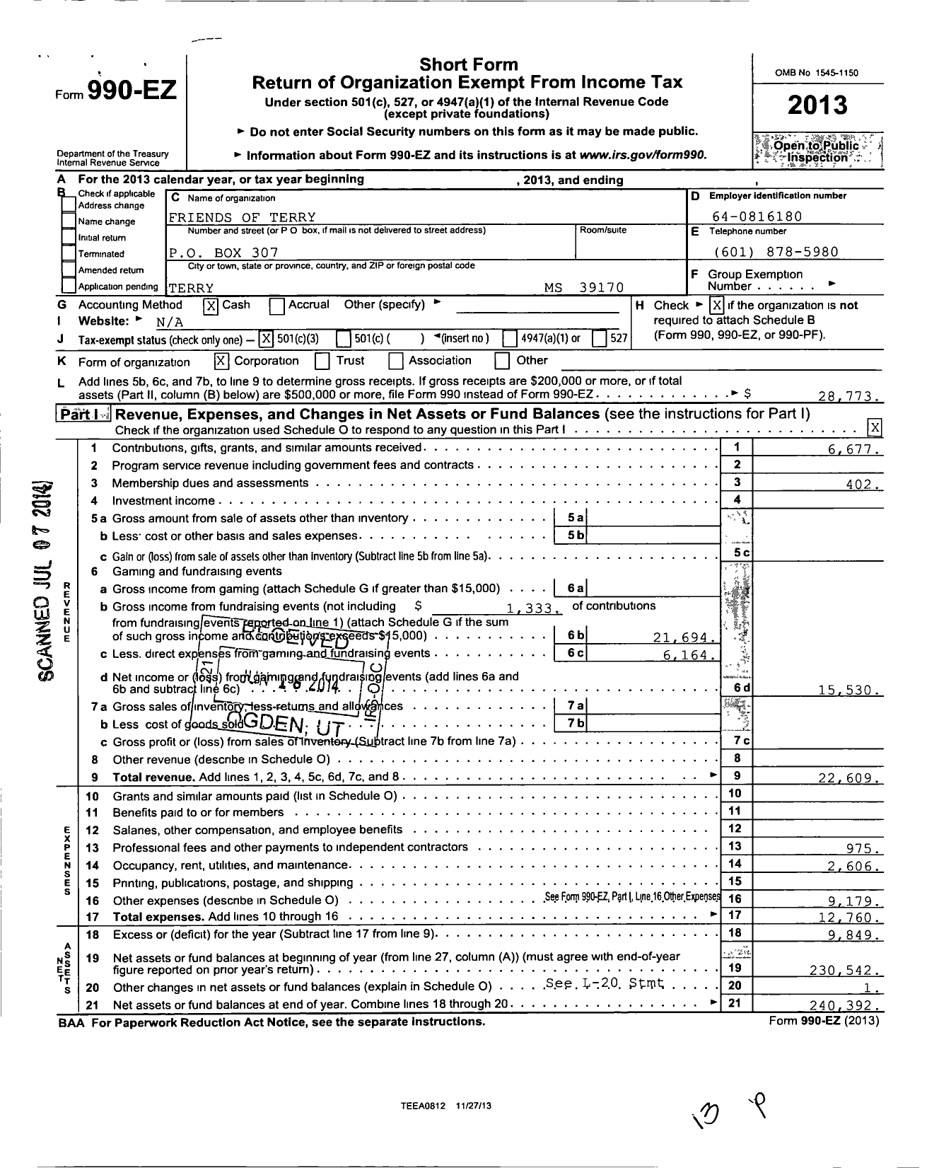 Image of first page of 2013 Form 990EZ for Friends of Terry