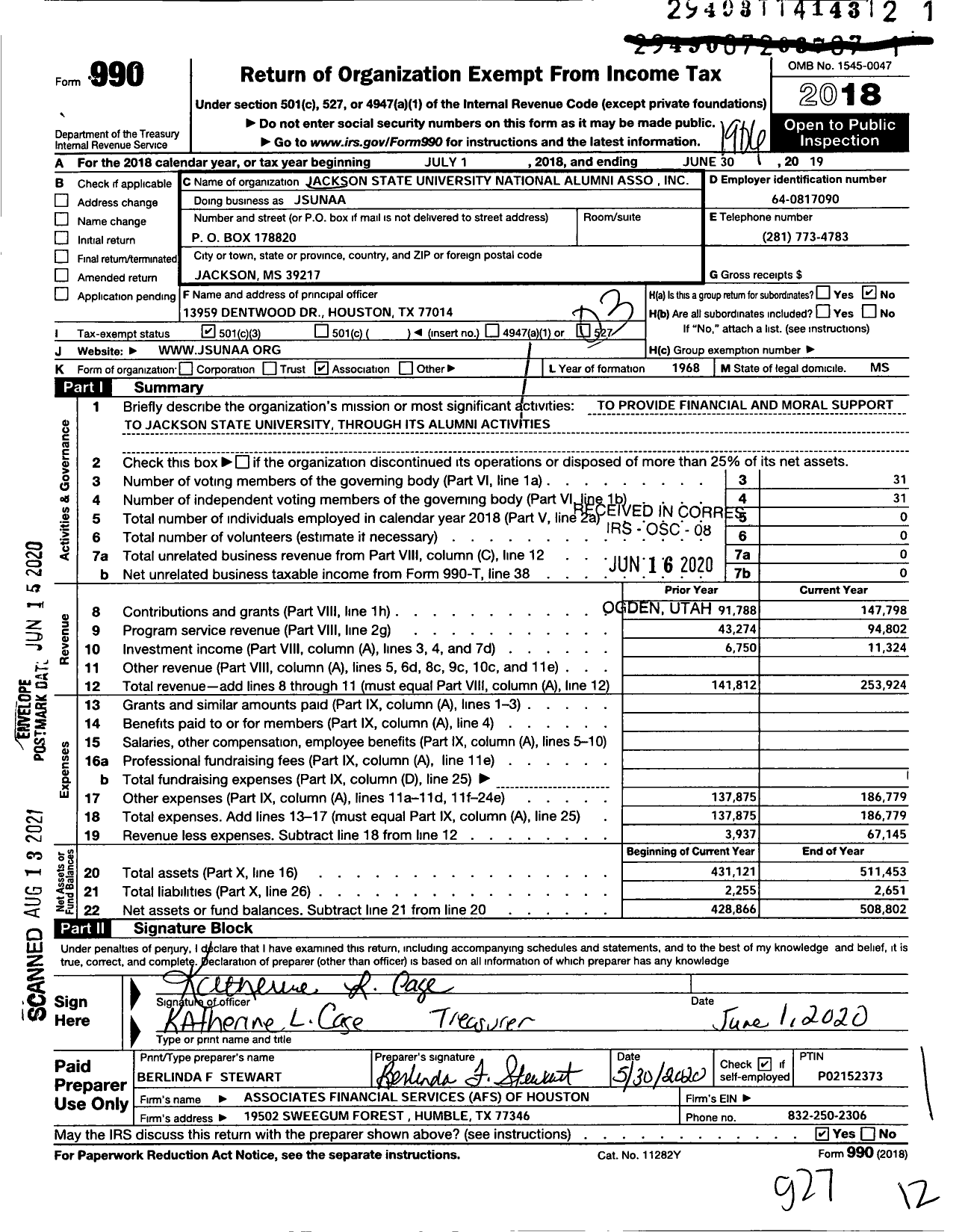 Image of first page of 2018 Form 990 for Jackson State University National Alumni Association