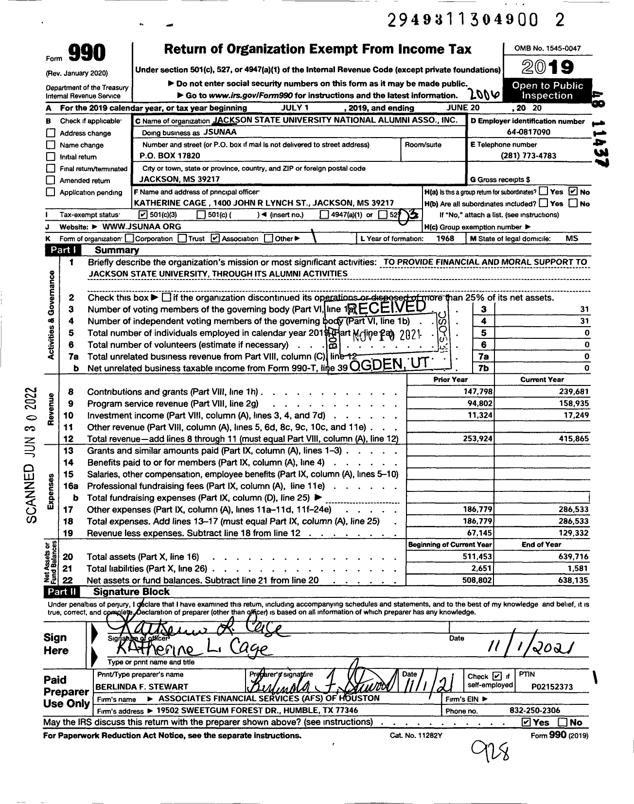 Image of first page of 2019 Form 990 for Jackson State University National Alumni Association