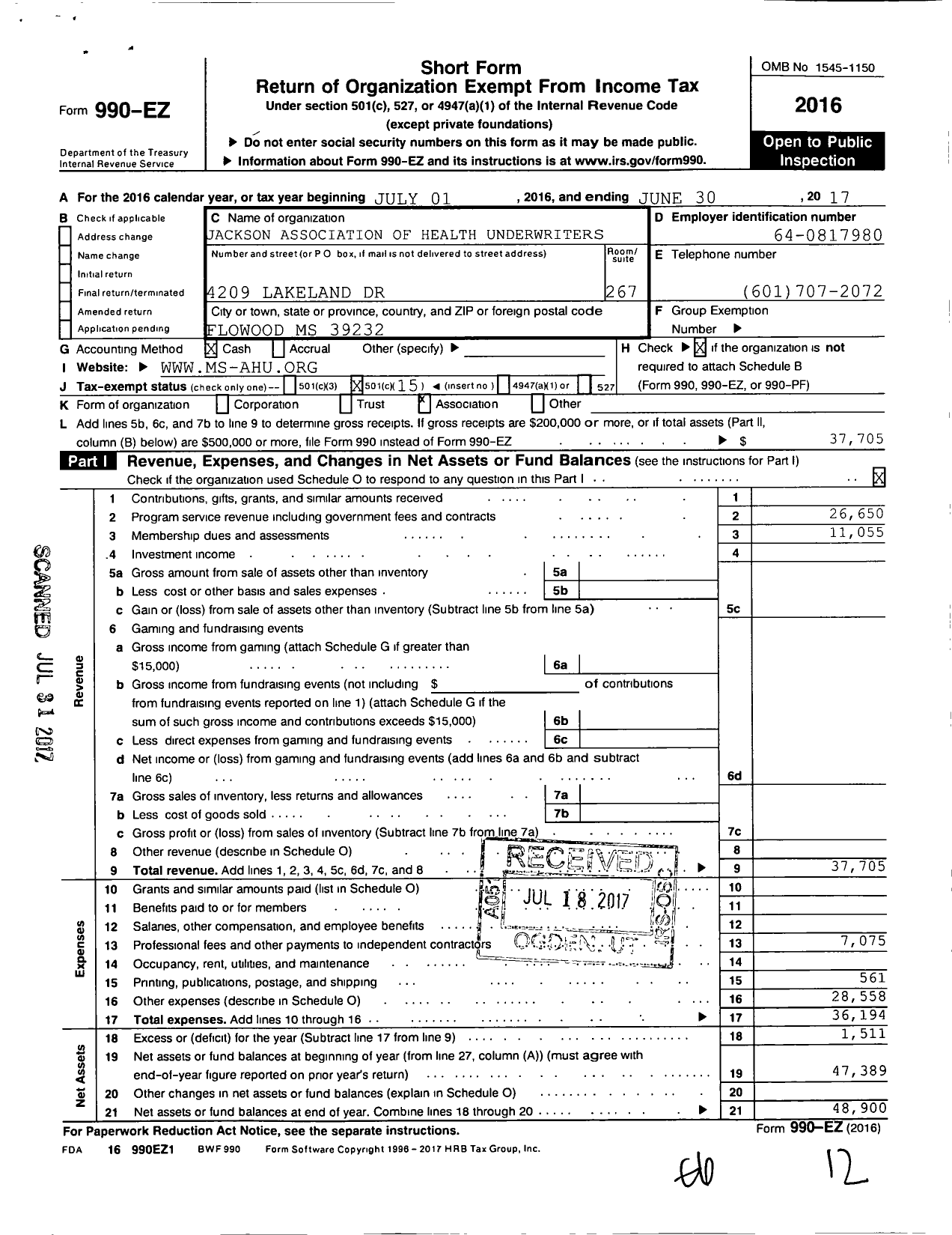 Image of first page of 2016 Form 990EO for Jackson Association of Health Underwriters (JAHU)