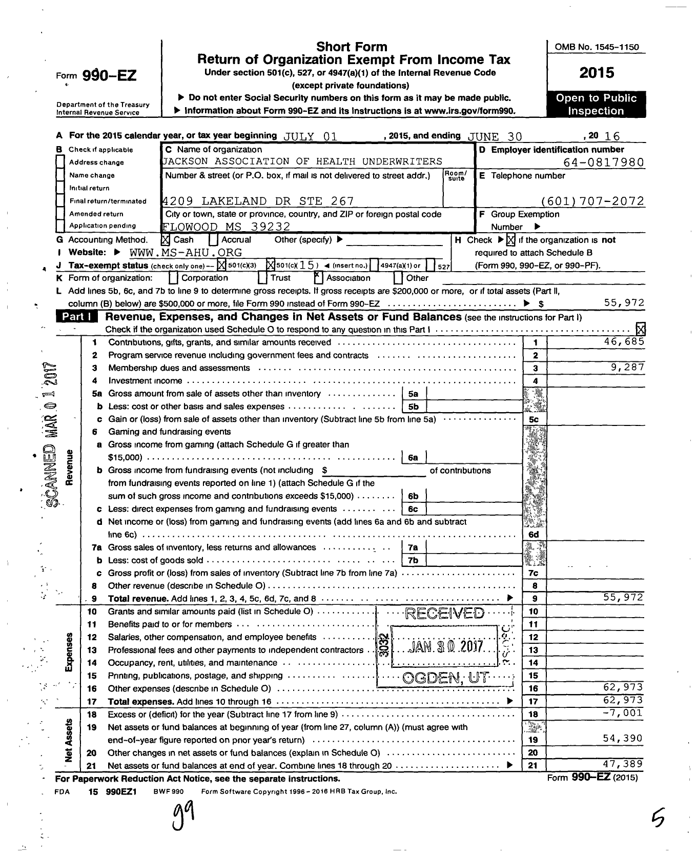 Image of first page of 2015 Form 990EO for Jackson Association of Health Underwriters (JAHU)