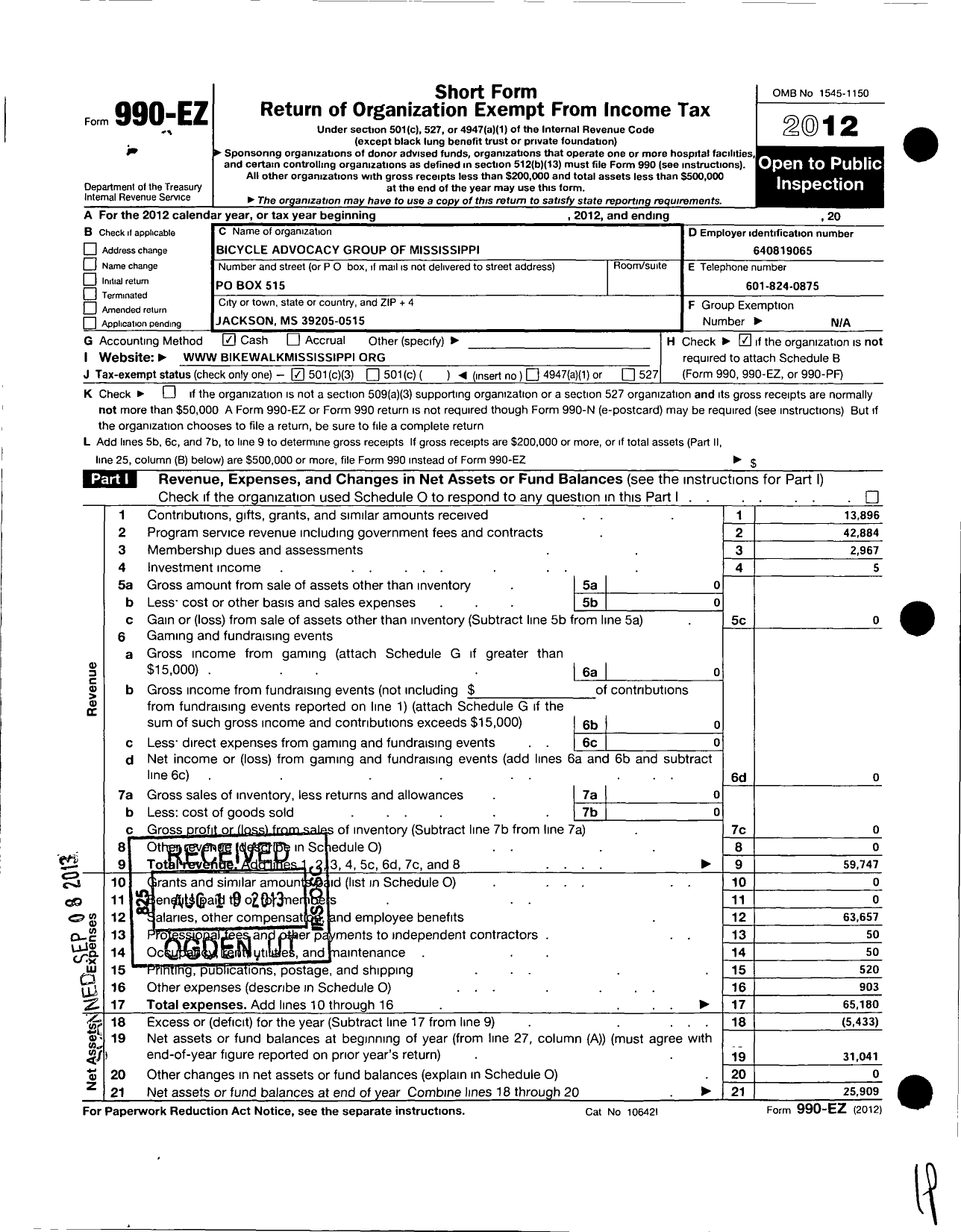 Image of first page of 2012 Form 990EZ for Bicycle Advocacy Group of Mississippi