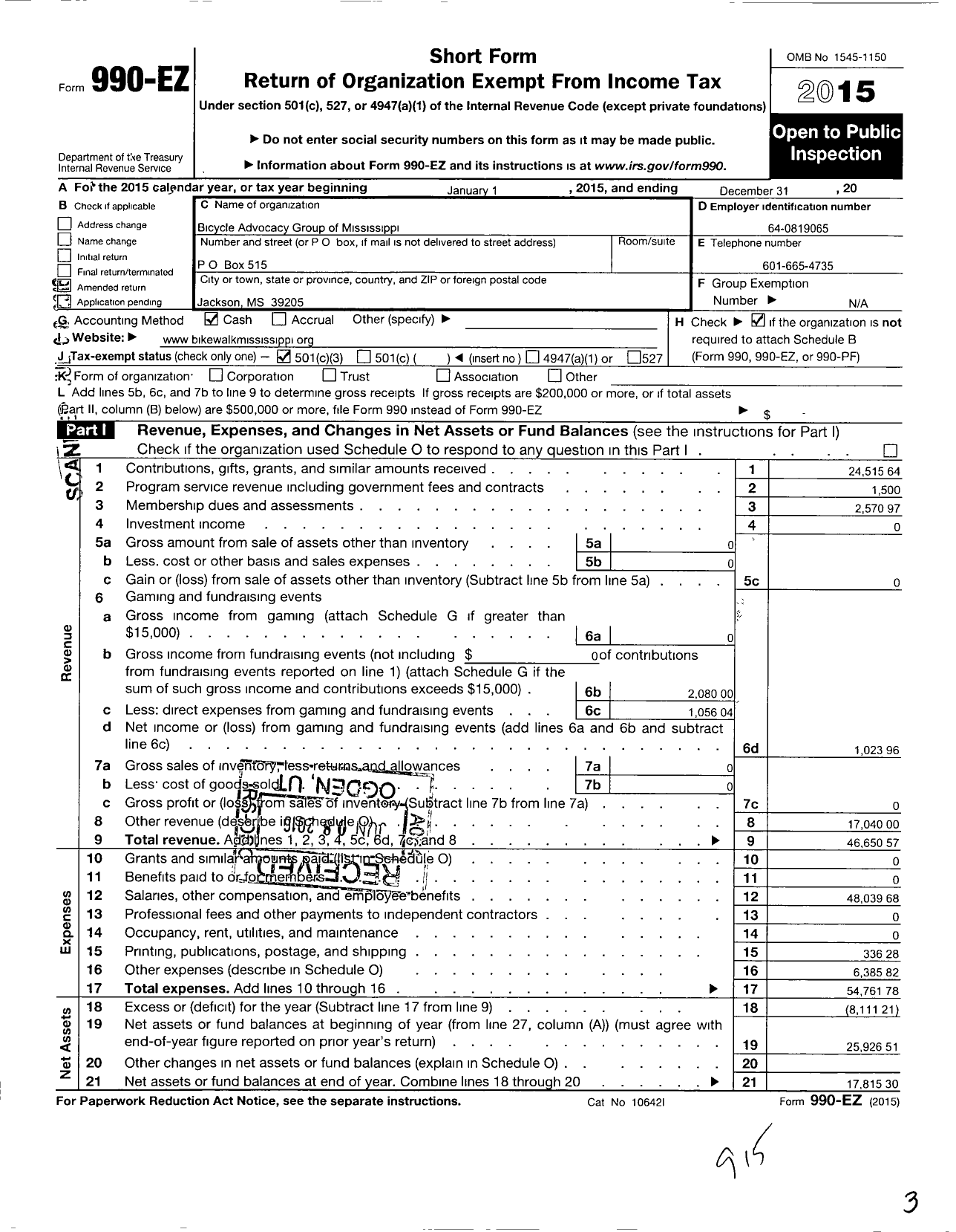 Image of first page of 2015 Form 990EZ for Bicycle Advocacy Group of Mississippi