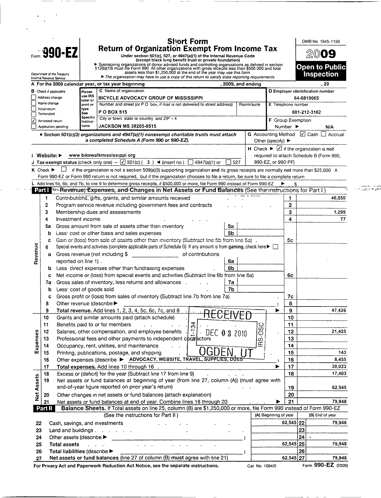 Image of first page of 2009 Form 990ER for Bicycle Advocacy Group of Mississippi