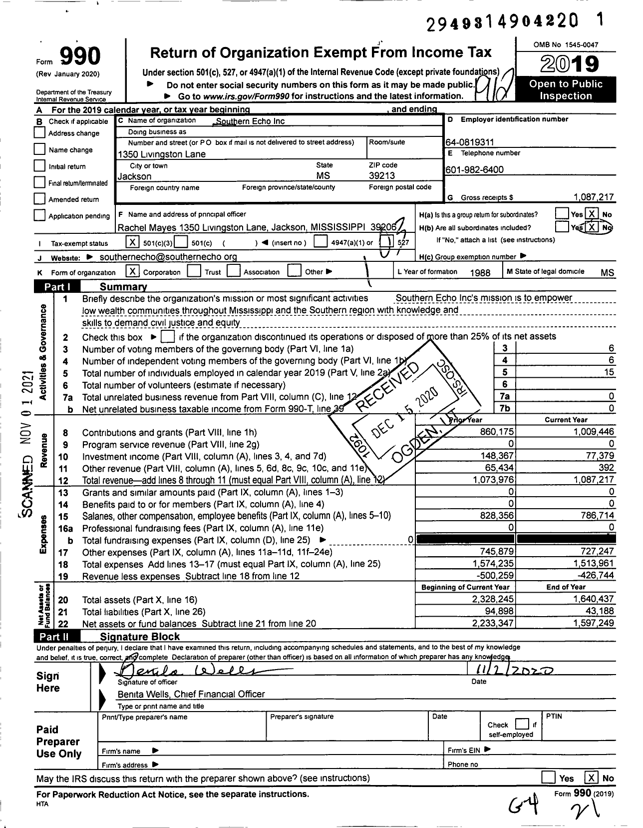 Image of first page of 2019 Form 990 for Southern Echo