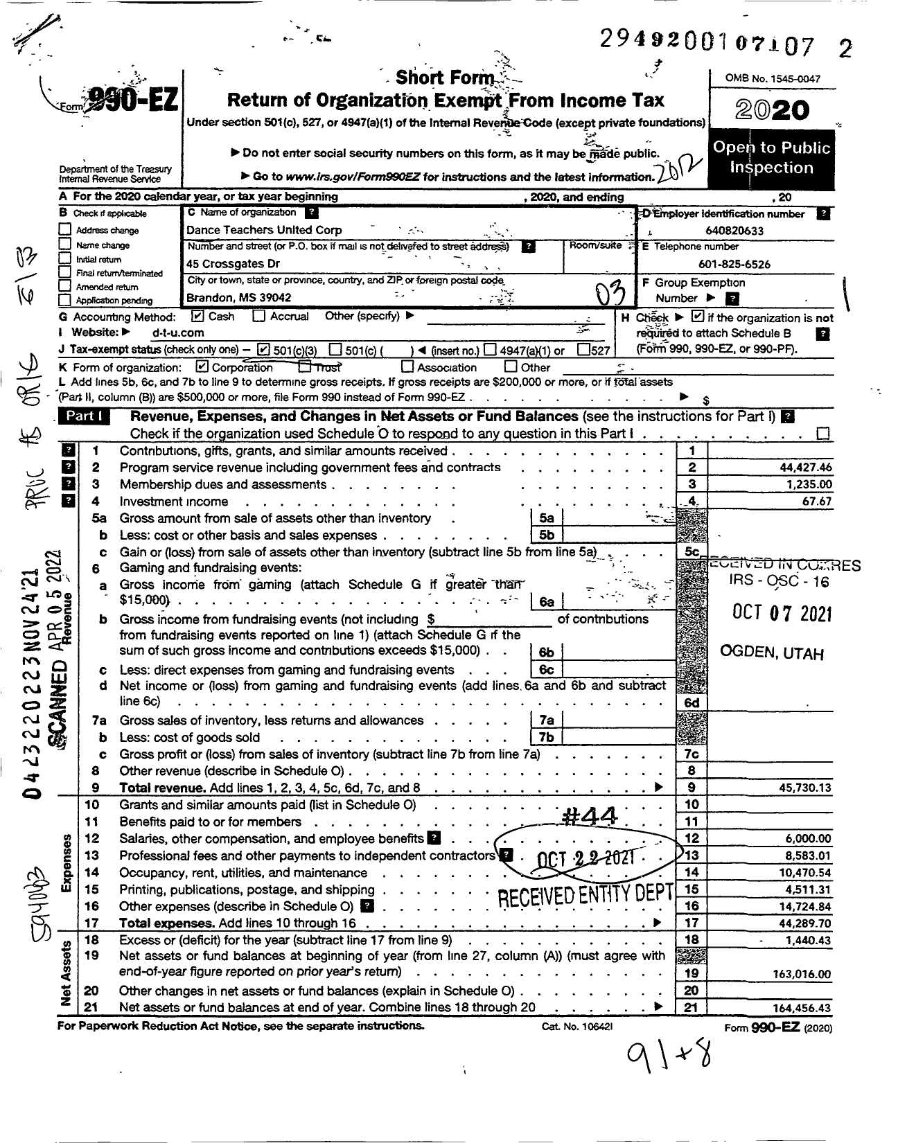 Image of first page of 2020 Form 990EZ for Dance Teachers United Corporation