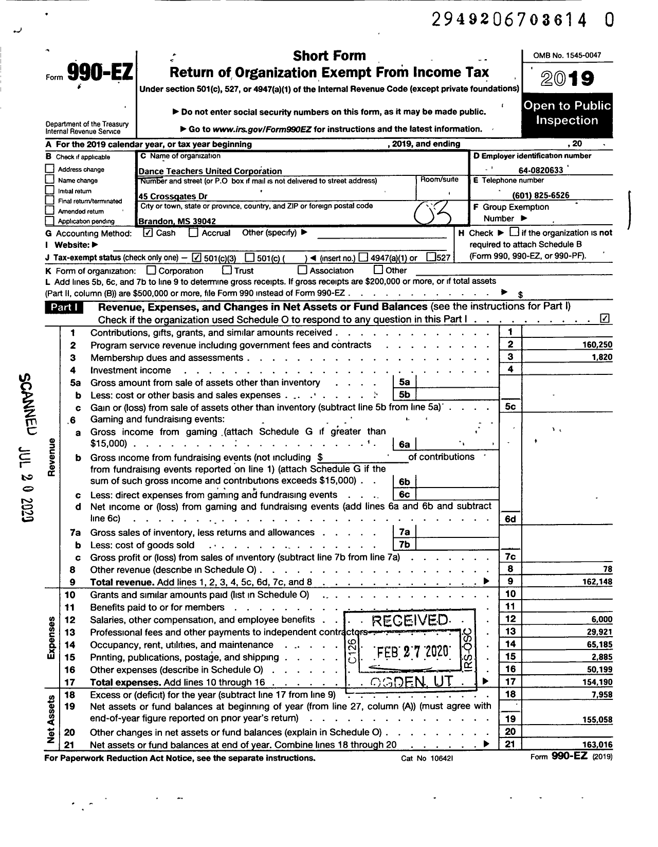 Image of first page of 2019 Form 990EZ for Dance Teachers United Corporation