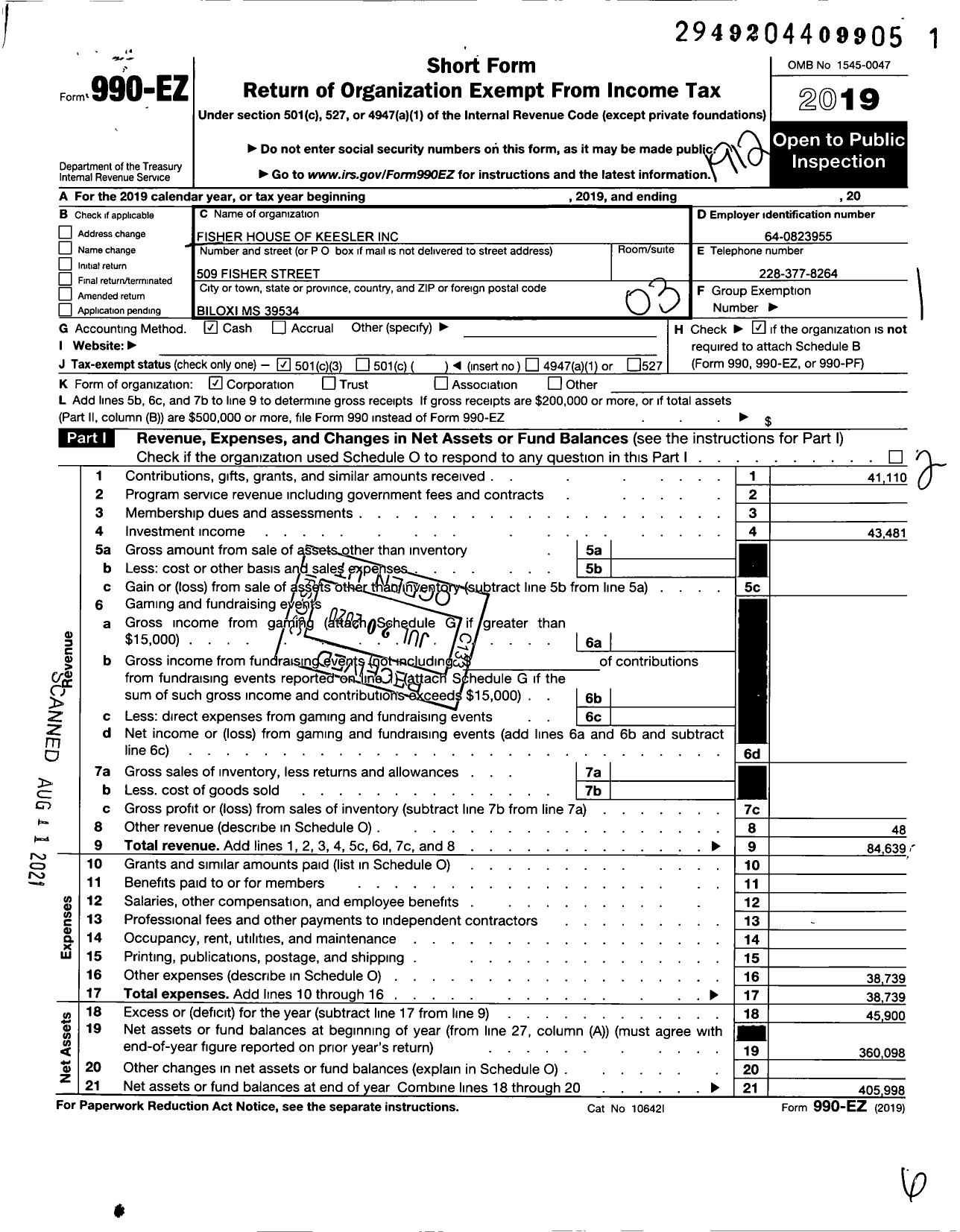 Image of first page of 2019 Form 990EZ for The Fisher House of Keesler