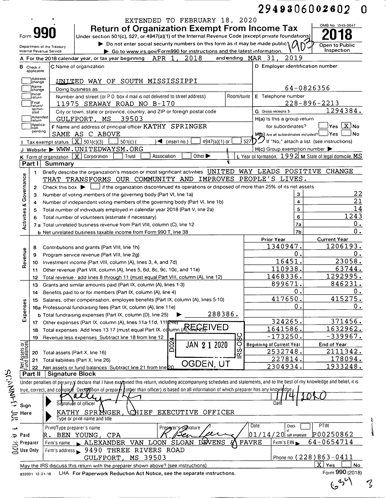 Image of first page of 2018 Form 990 for United Way of South Mississippi