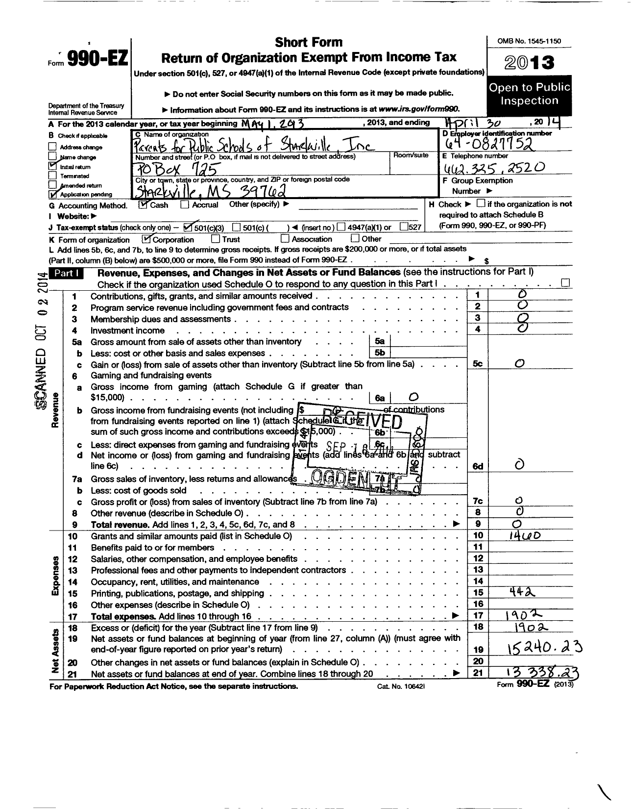 Image of first page of 2013 Form 990EZ for Parents for Public Schools of Starkville