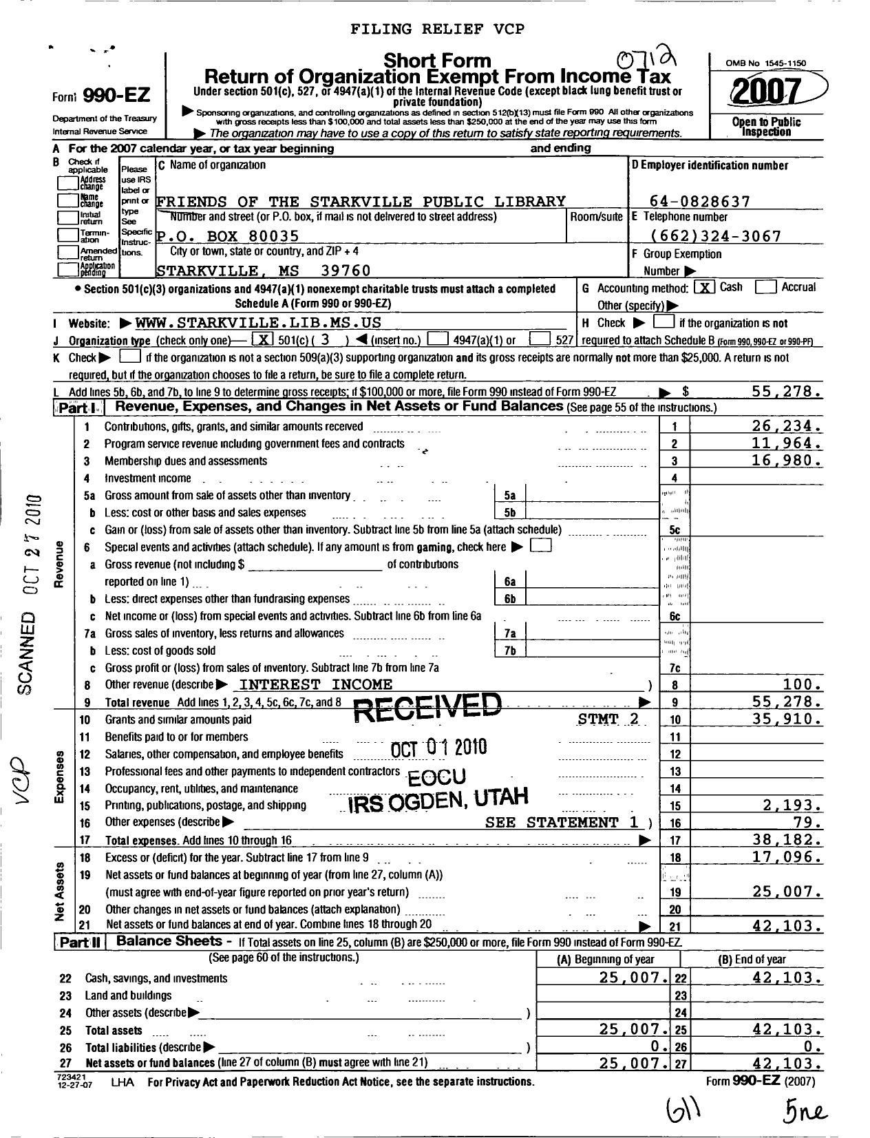 Image of first page of 2007 Form 990EZ for Friends of Mississippi Libraries / Friends of the Starkville Public Li