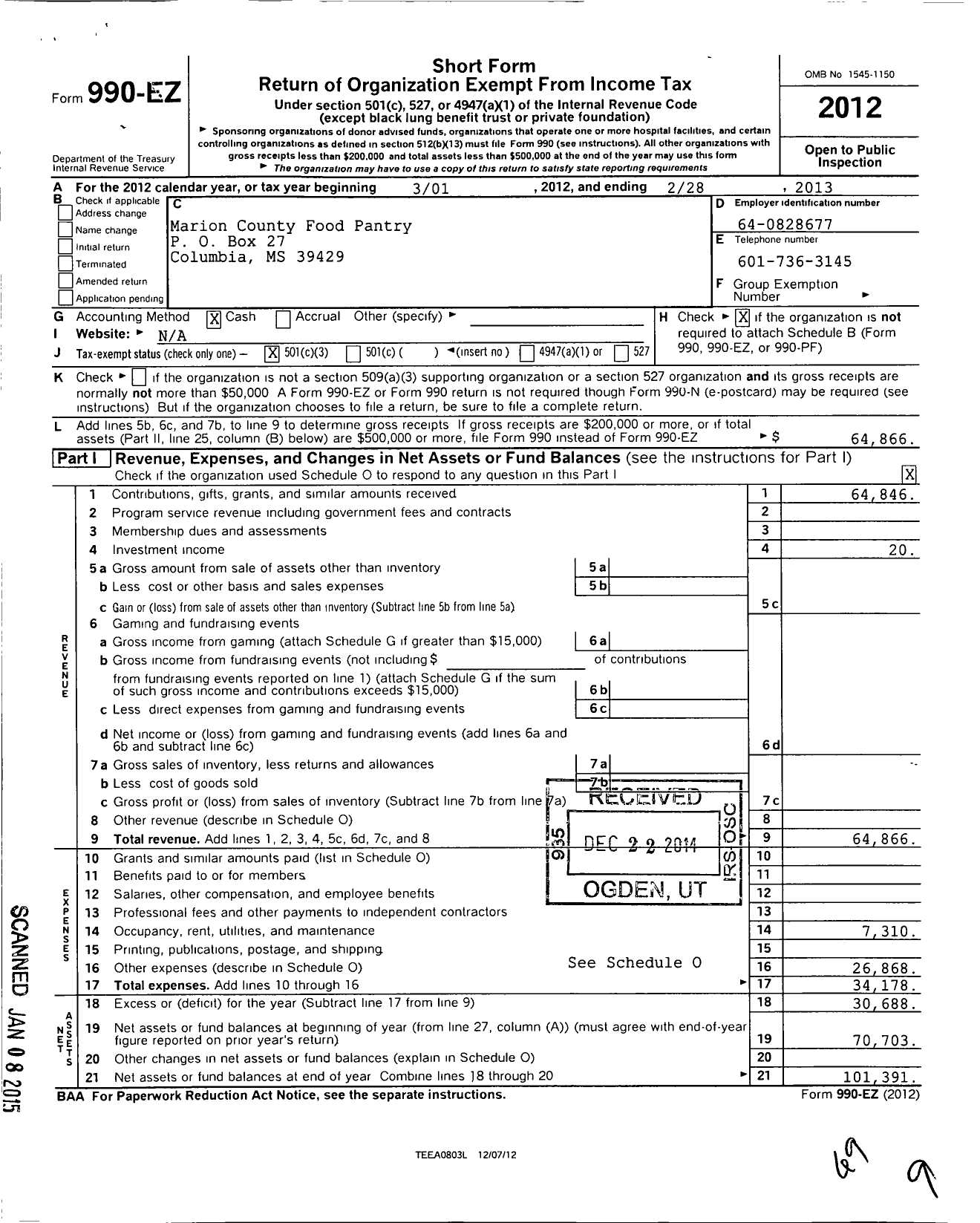 Image of first page of 2012 Form 990EZ for Marion County Food Pantry