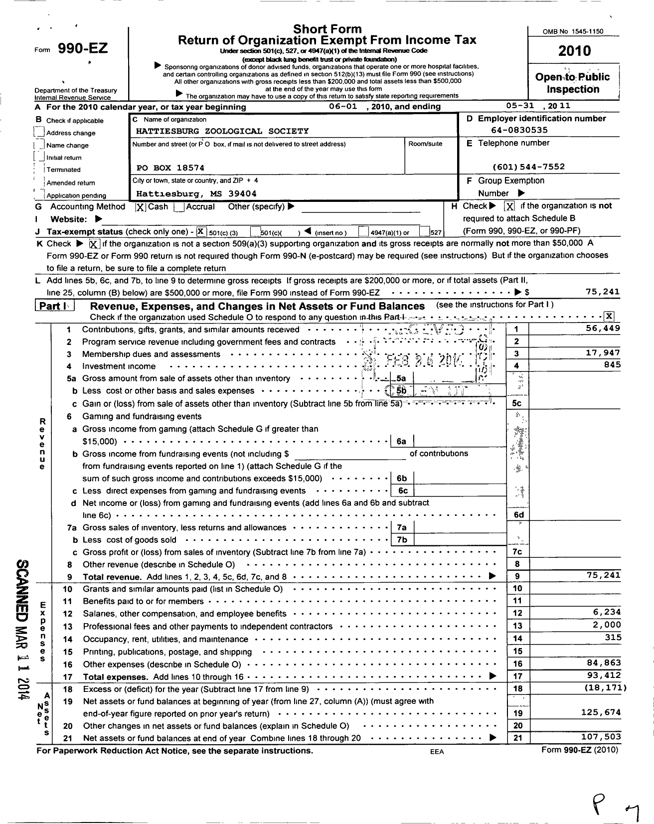 Image of first page of 2010 Form 990EZ for Hattiesburg Zoological Society