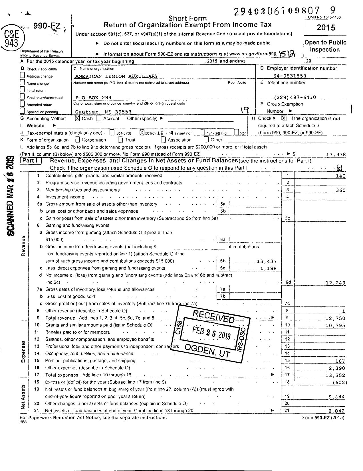 Image of first page of 2015 Form 990EO for American Legion Auxiliary - 1992 Post