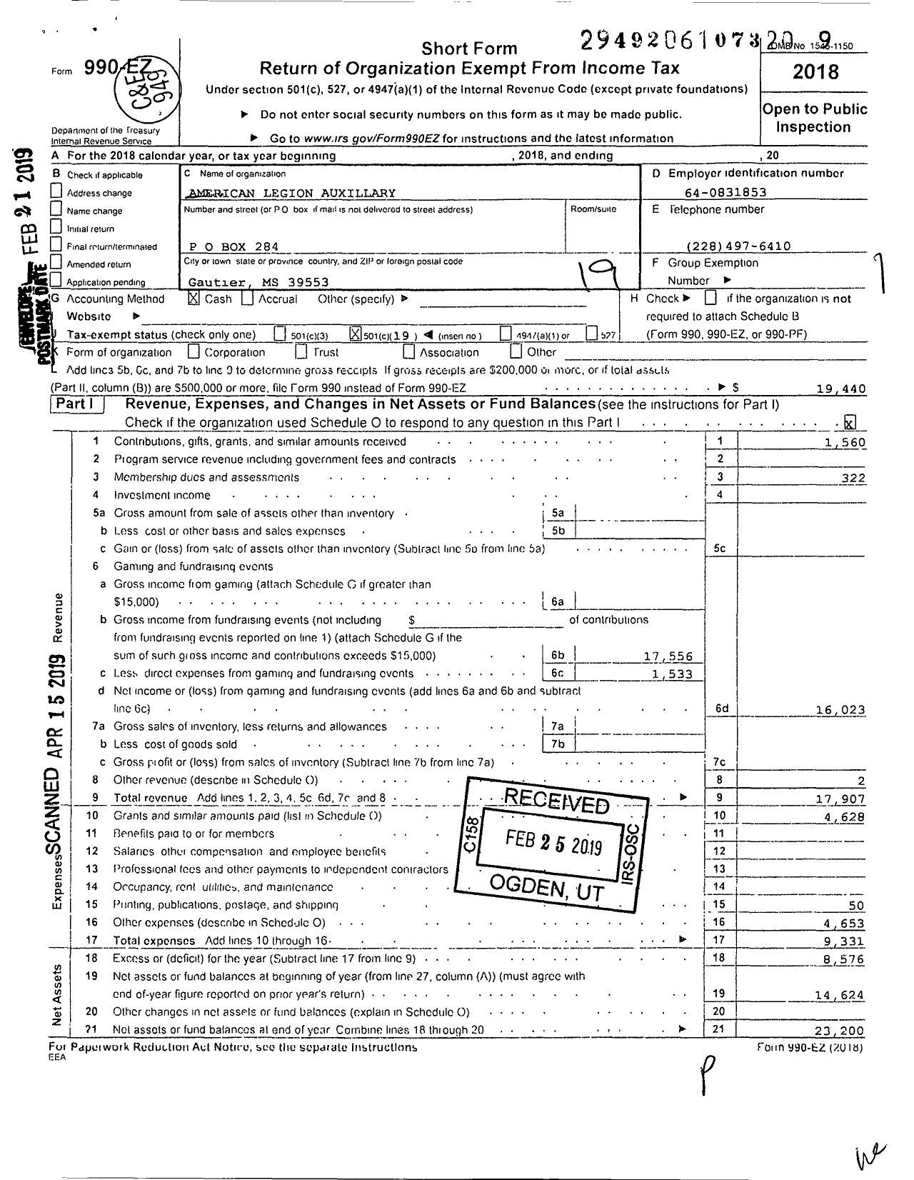 Image of first page of 2018 Form 990EO for American Legion Auxiliary - 1992 Post