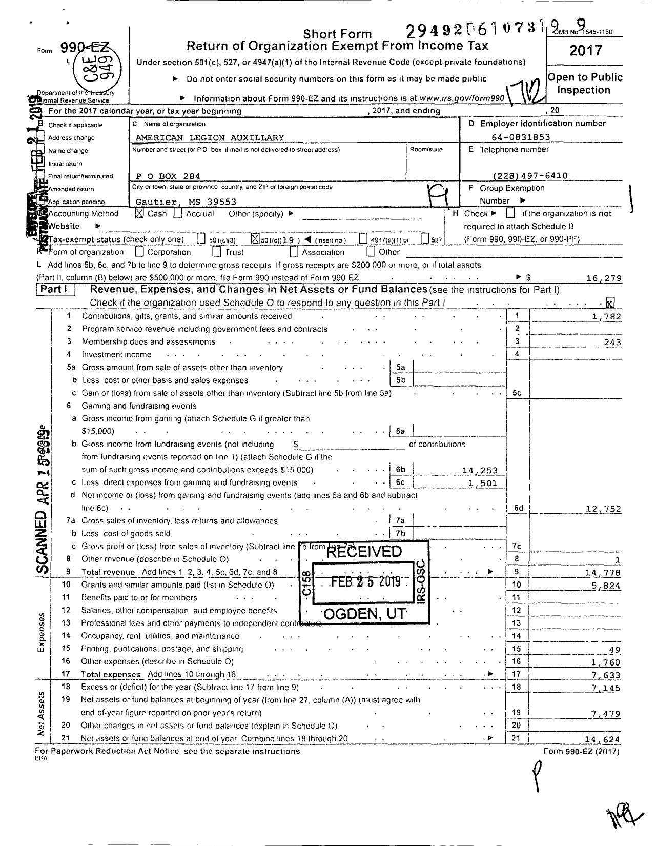 Image of first page of 2017 Form 990EO for American Legion Auxiliary - 1992 Post