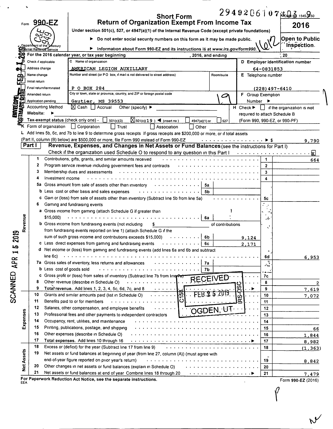 Image of first page of 2016 Form 990EO for American Legion Auxiliary - 1992 Post