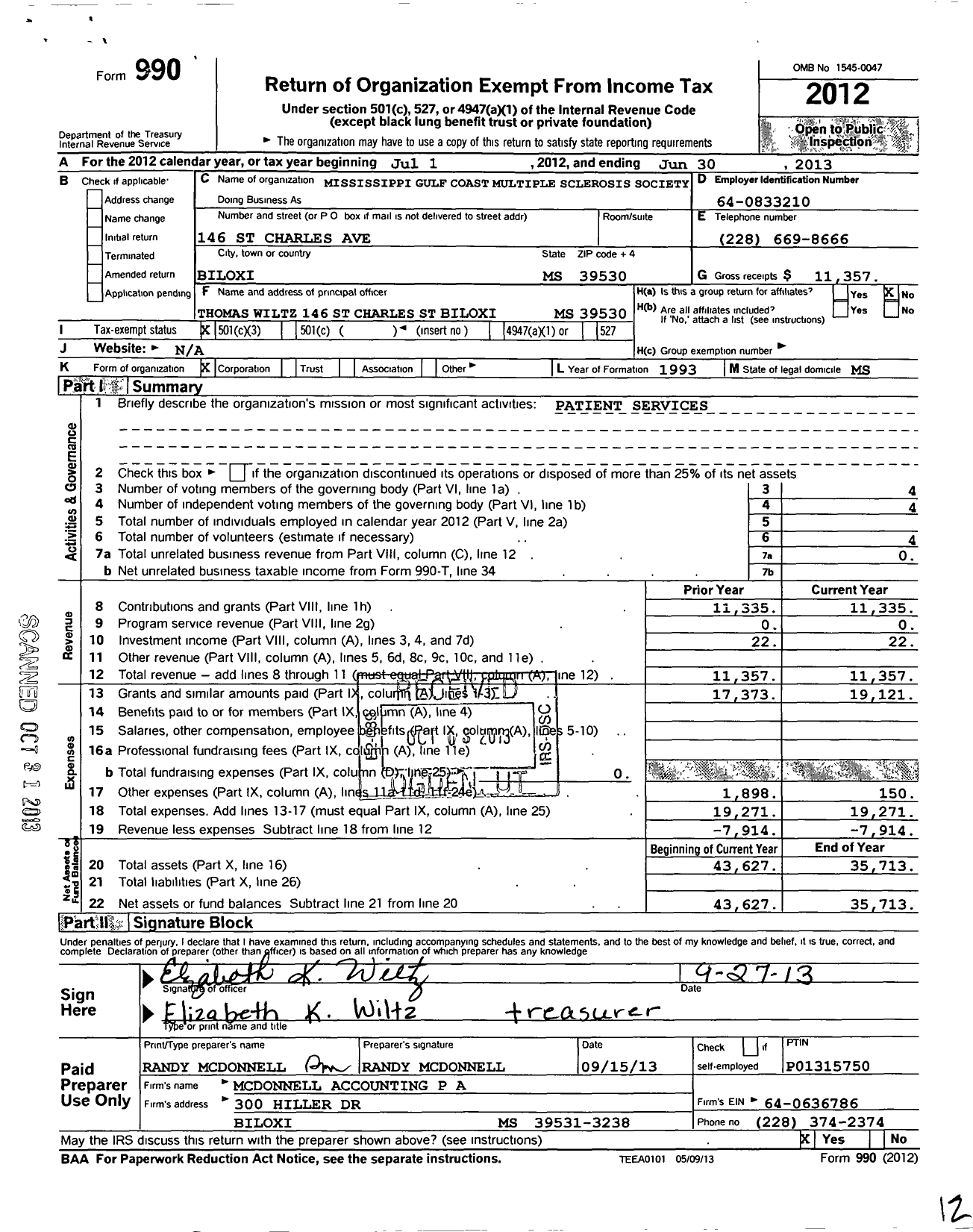 Image of first page of 2012 Form 990 for Mississippi Gulf Coast Multiple Sclerosis Society