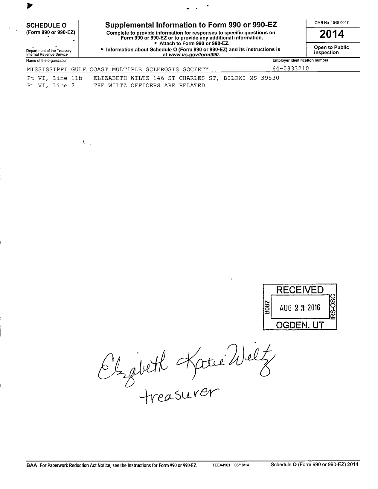 Image of first page of 2014 Form 990R for Mississippi Gulf Coast Multiple Sclerosis Society