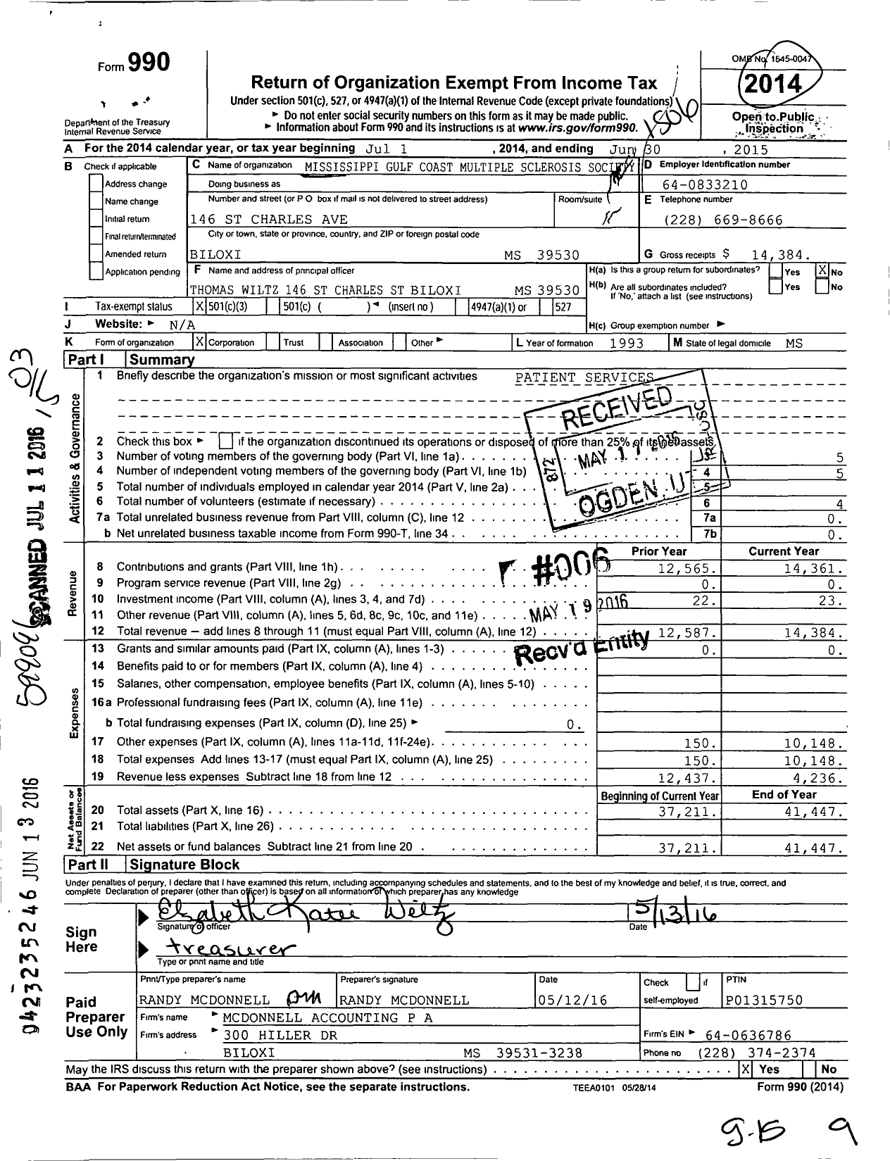 Image of first page of 2014 Form 990 for Mississippi Gulf Coast Multiple Sclerosis Society