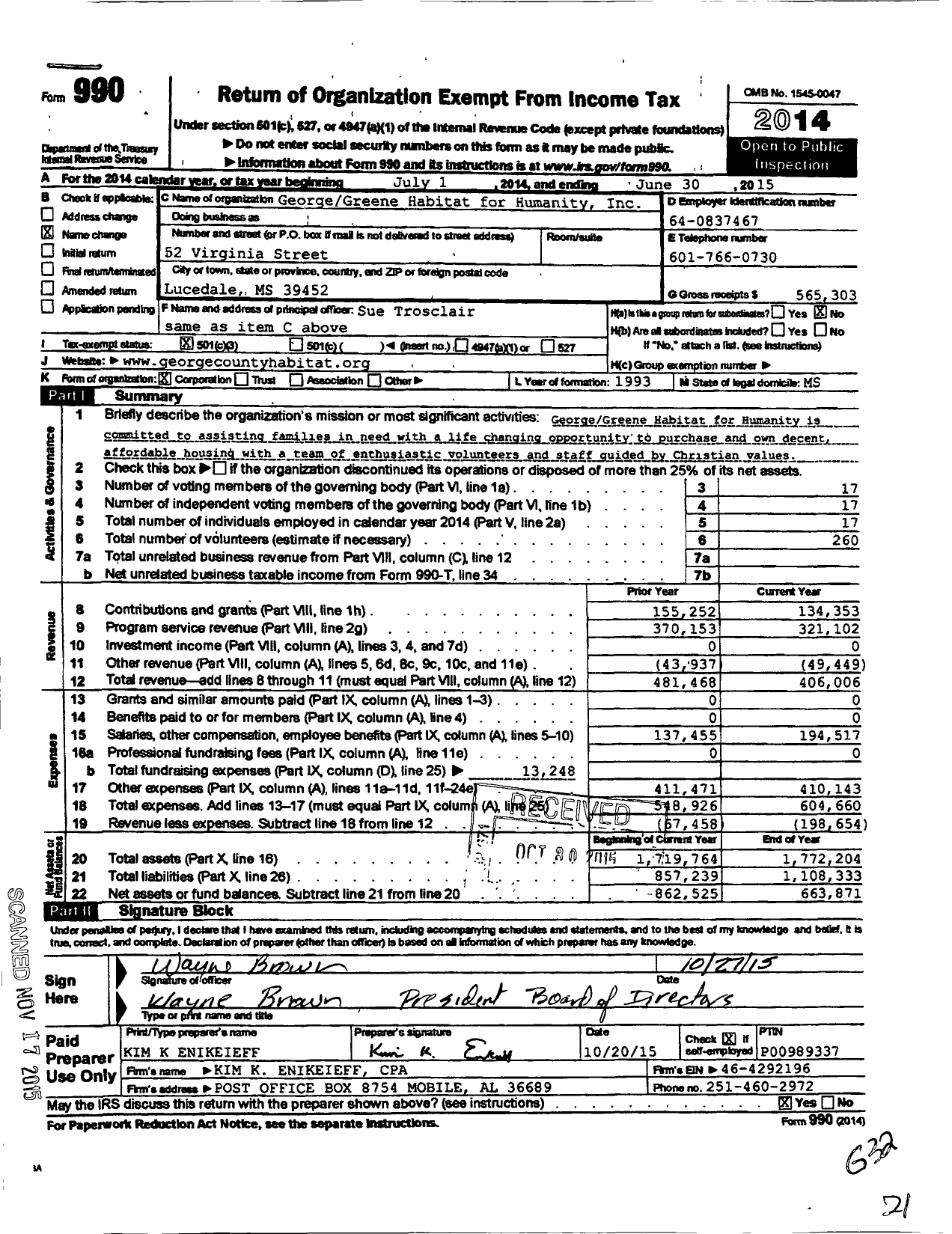 Image of first page of 2014 Form 990 for Habitat for Humanity - George Greene HFH
