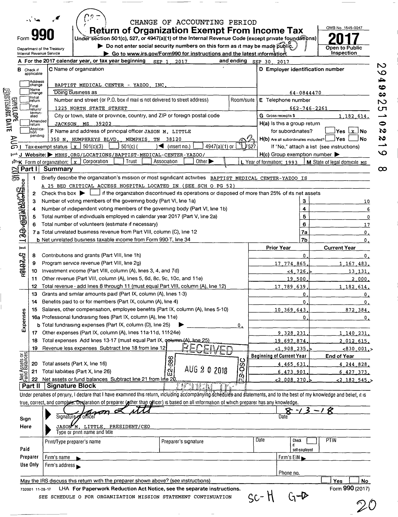 Image of first page of 2016 Form 990 for Baptist Medical Center - Yazoo
