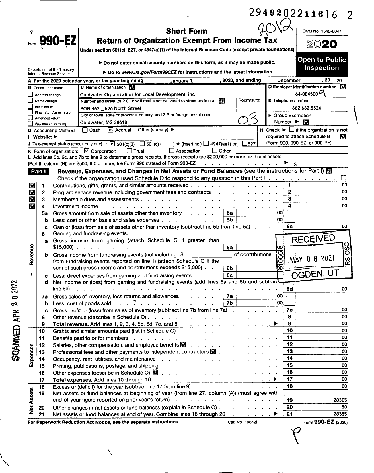 Image of first page of 2020 Form 990EZ for Cold