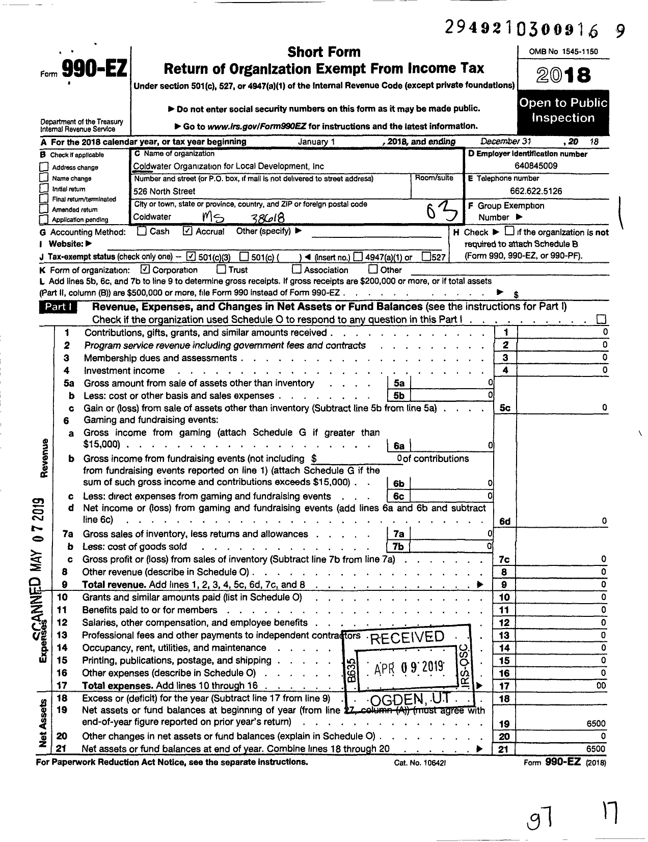 Image of first page of 2018 Form 990EZ for Cold