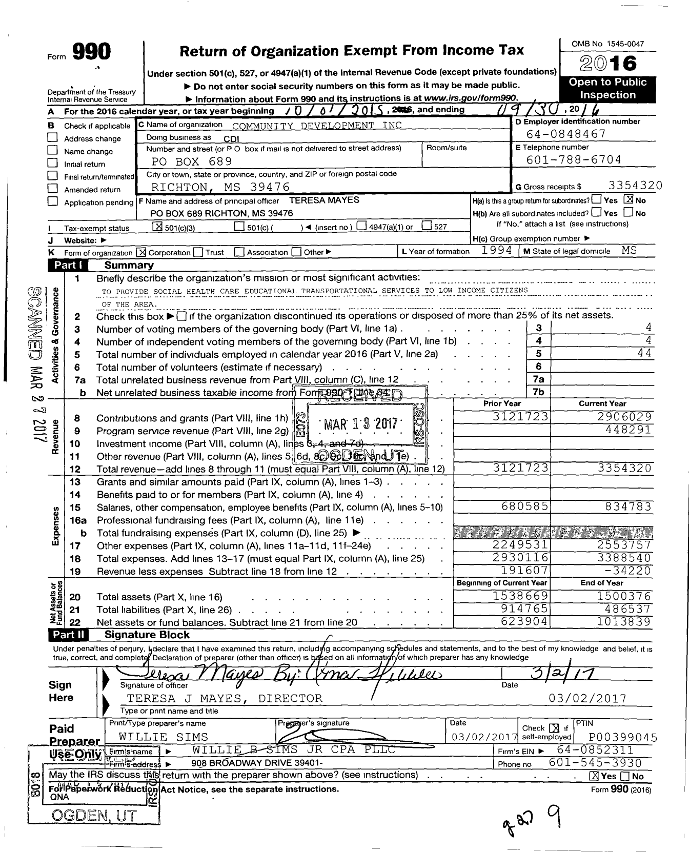 Image of first page of 2015 Form 990 for Community Development (CDI)