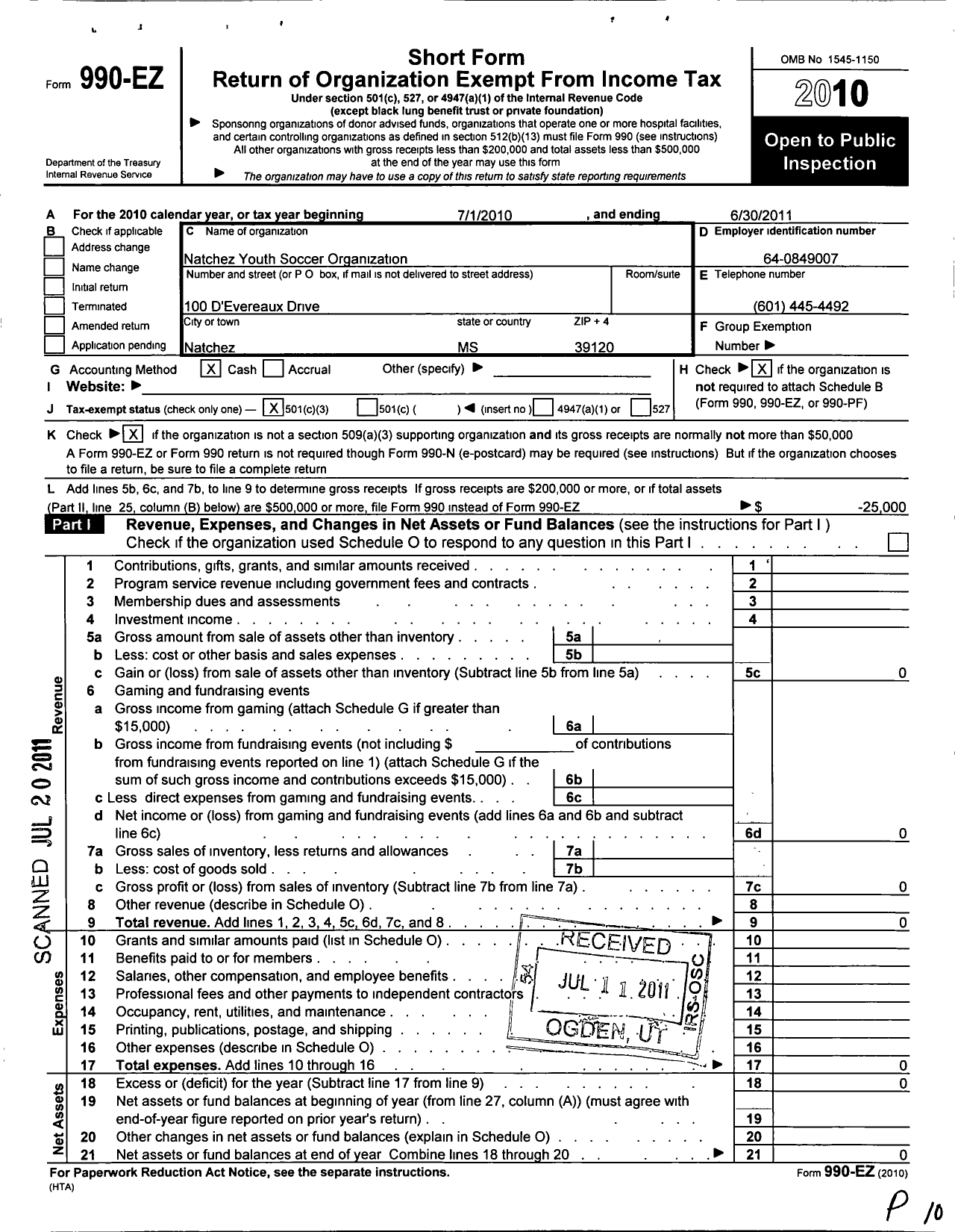 Image of first page of 2010 Form 990EZ for Natchez Youth Soccer Organization