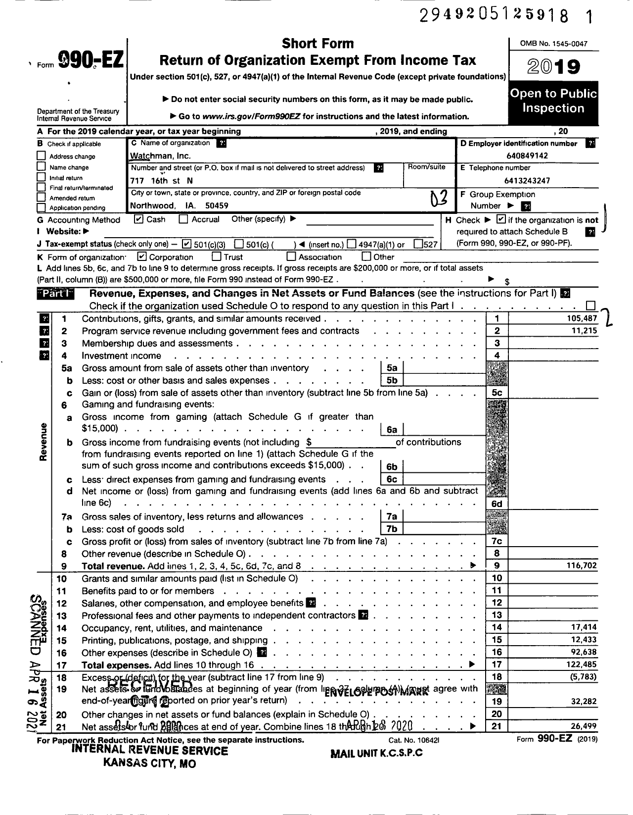 Image of first page of 2019 Form 990EZ for The Watchman International