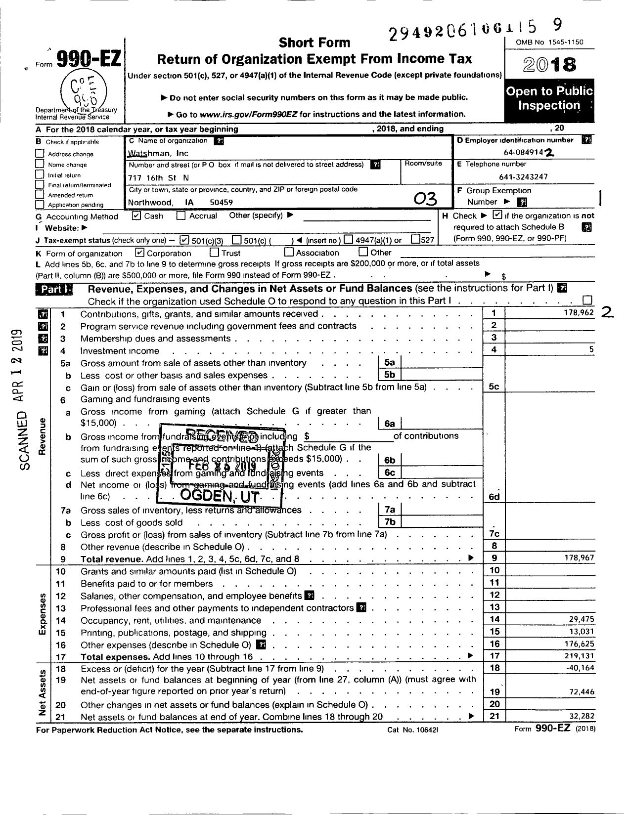 Image of first page of 2018 Form 990EZ for The Watchman International