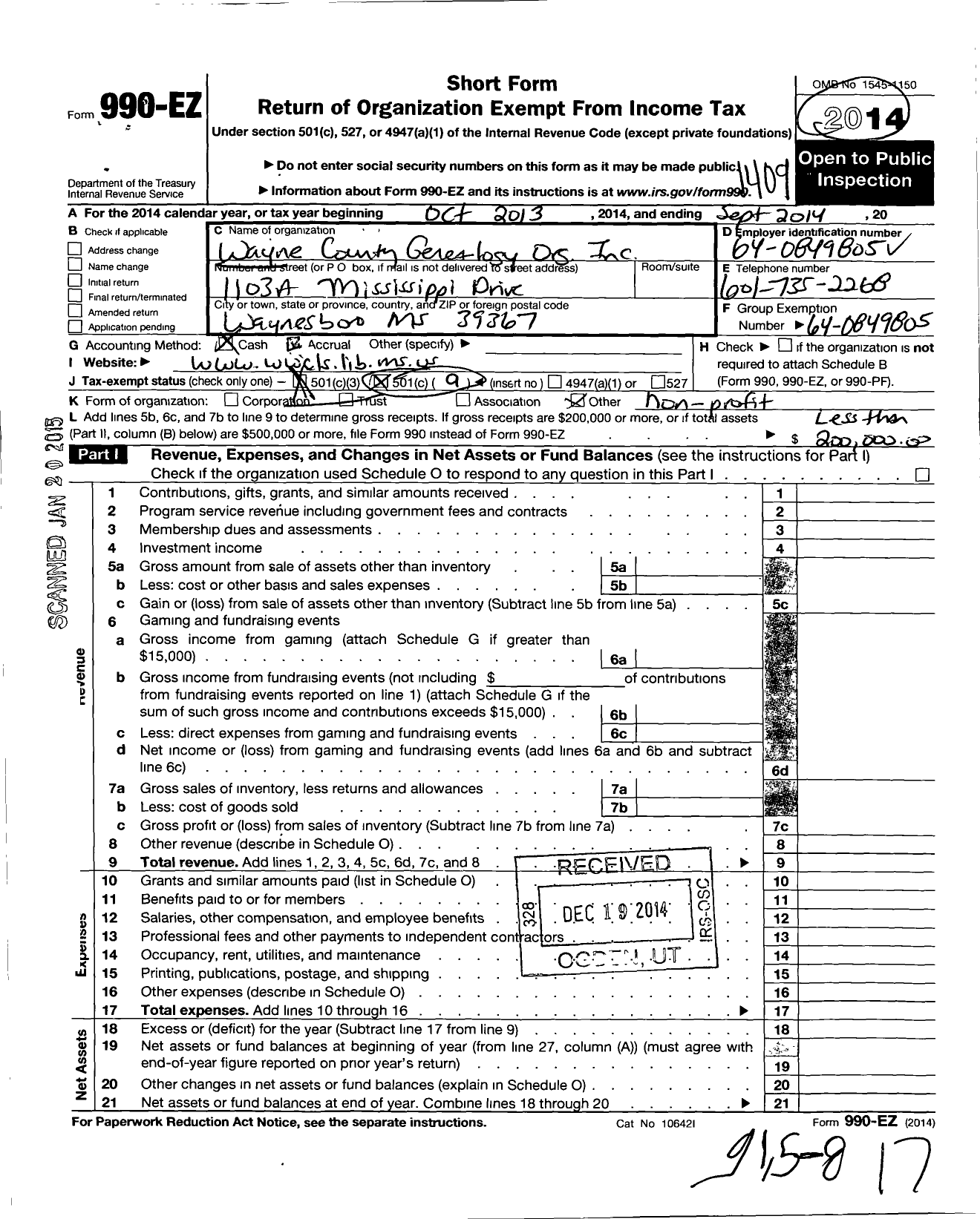 Image of first page of 2013 Form 990EZ for Wayne County Genealogy Organization