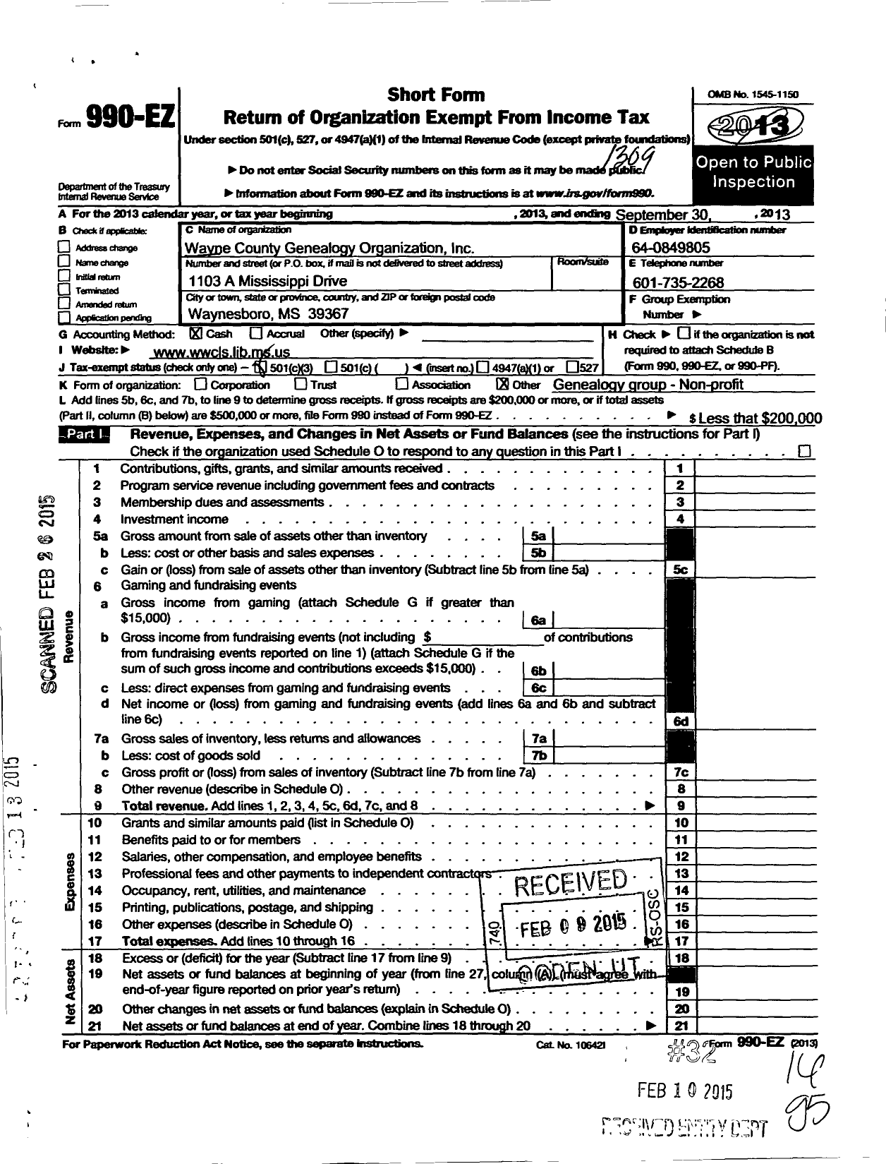 Image of first page of 2012 Form 990EZ for Wayne County Genealogy Organization