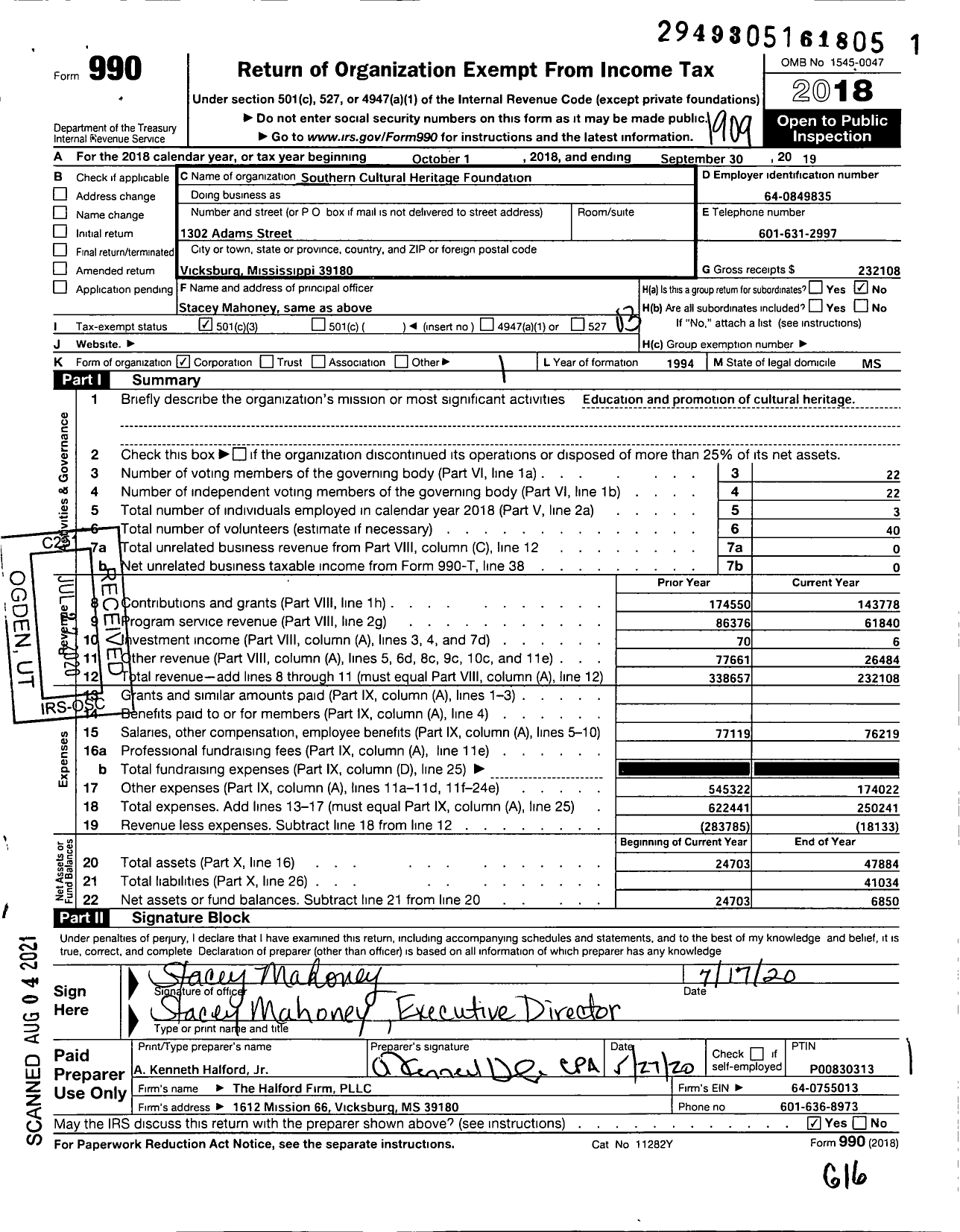 Image of first page of 2018 Form 990 for Southern Cultural Heritage Foundation