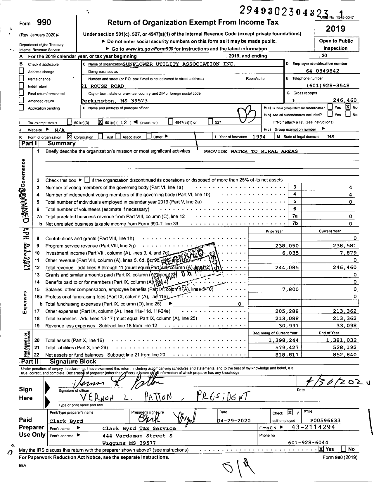 Image of first page of 2019 Form 990 for Sunflower Utility Association