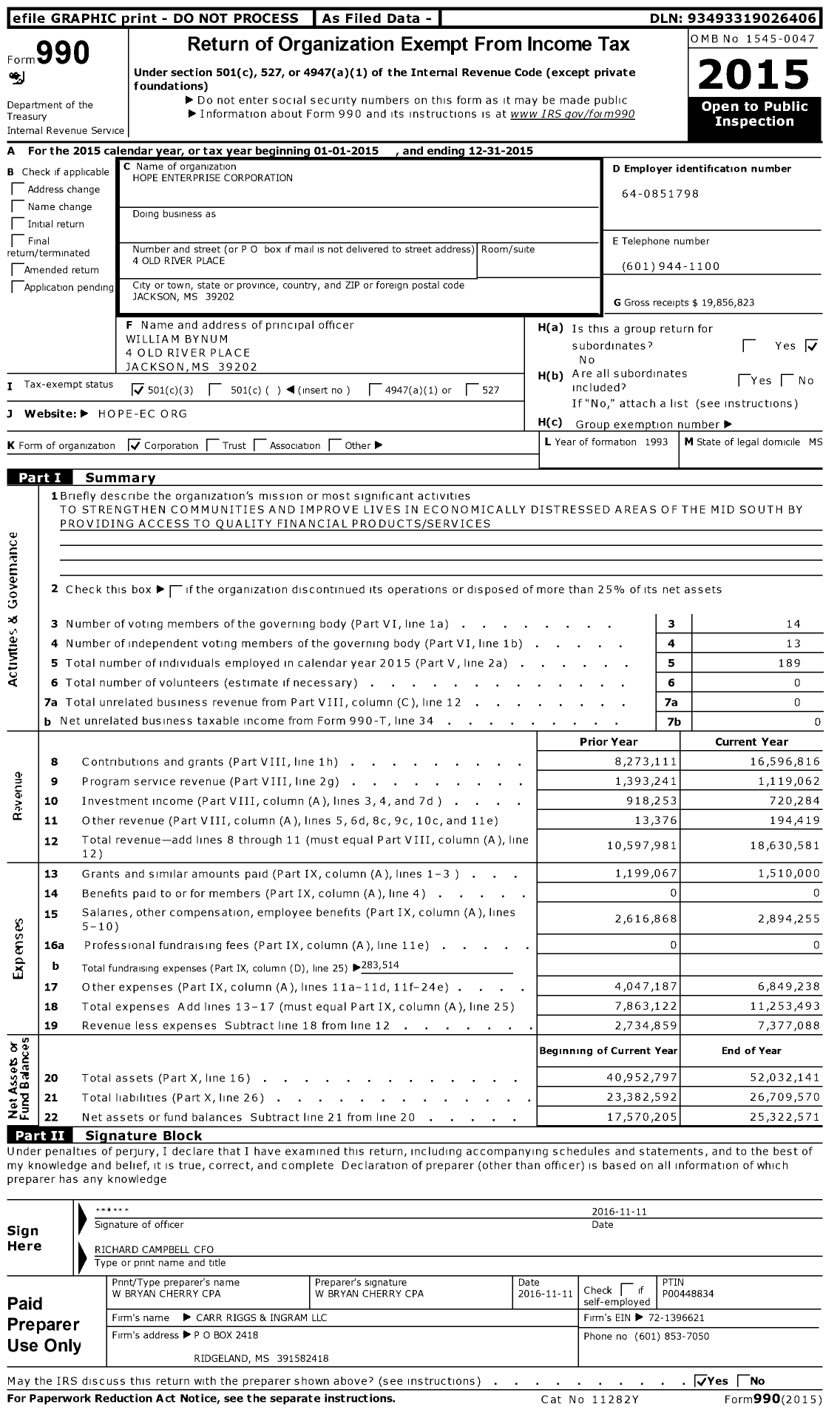 Image of first page of 2015 Form 990 for Hope Enterprise Corporation