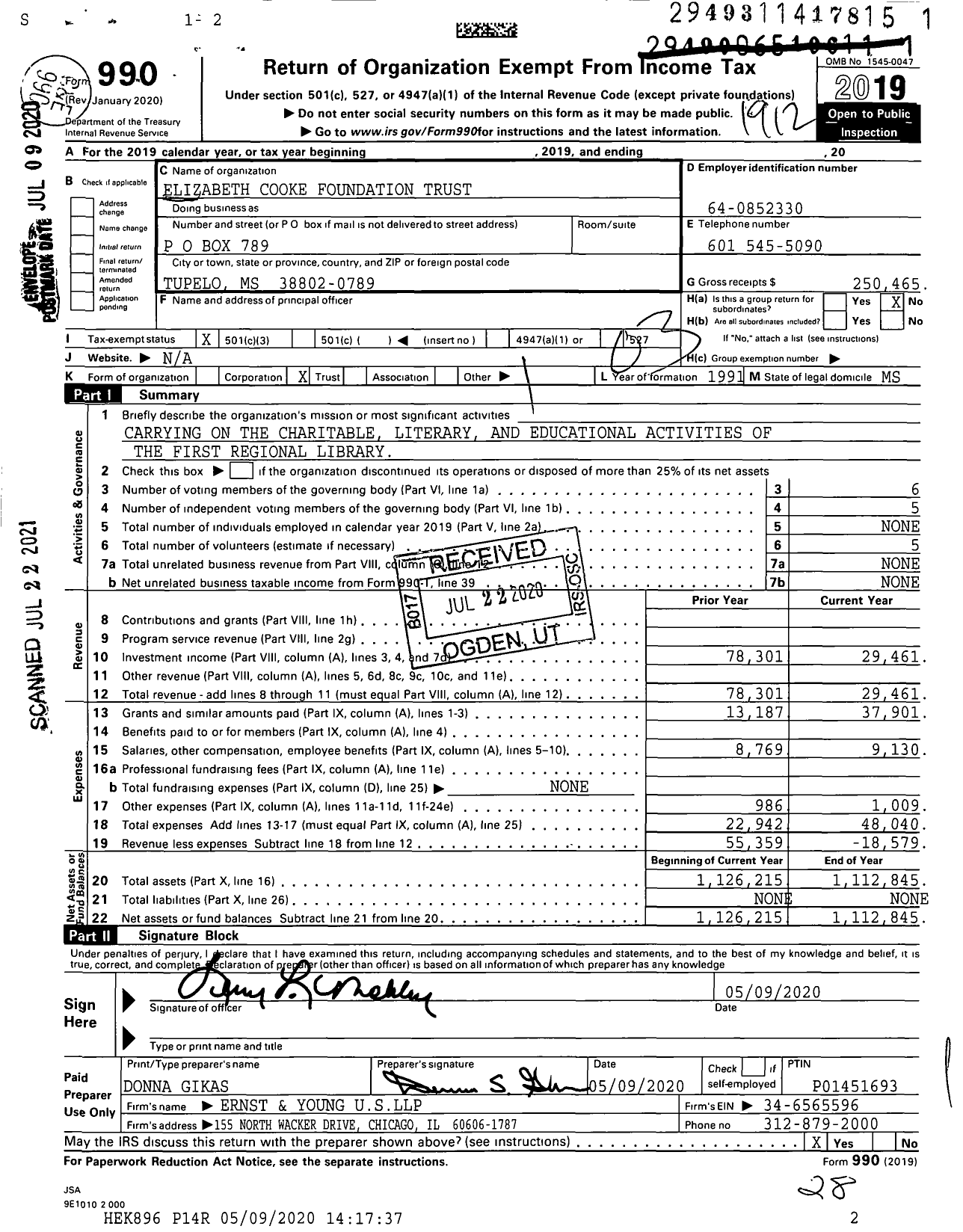 Image of first page of 2019 Form 990 for Elizabeth Cooke Foundation Trust