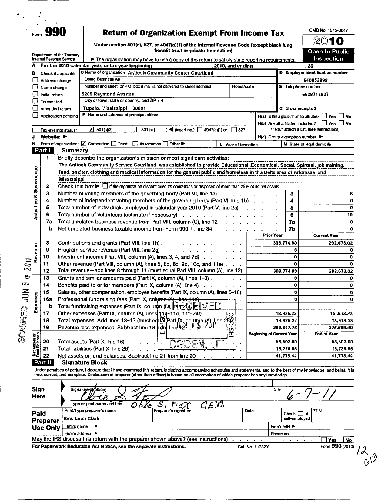 Image of first page of 2010 Form 990 for Antioch Community Service Courtland