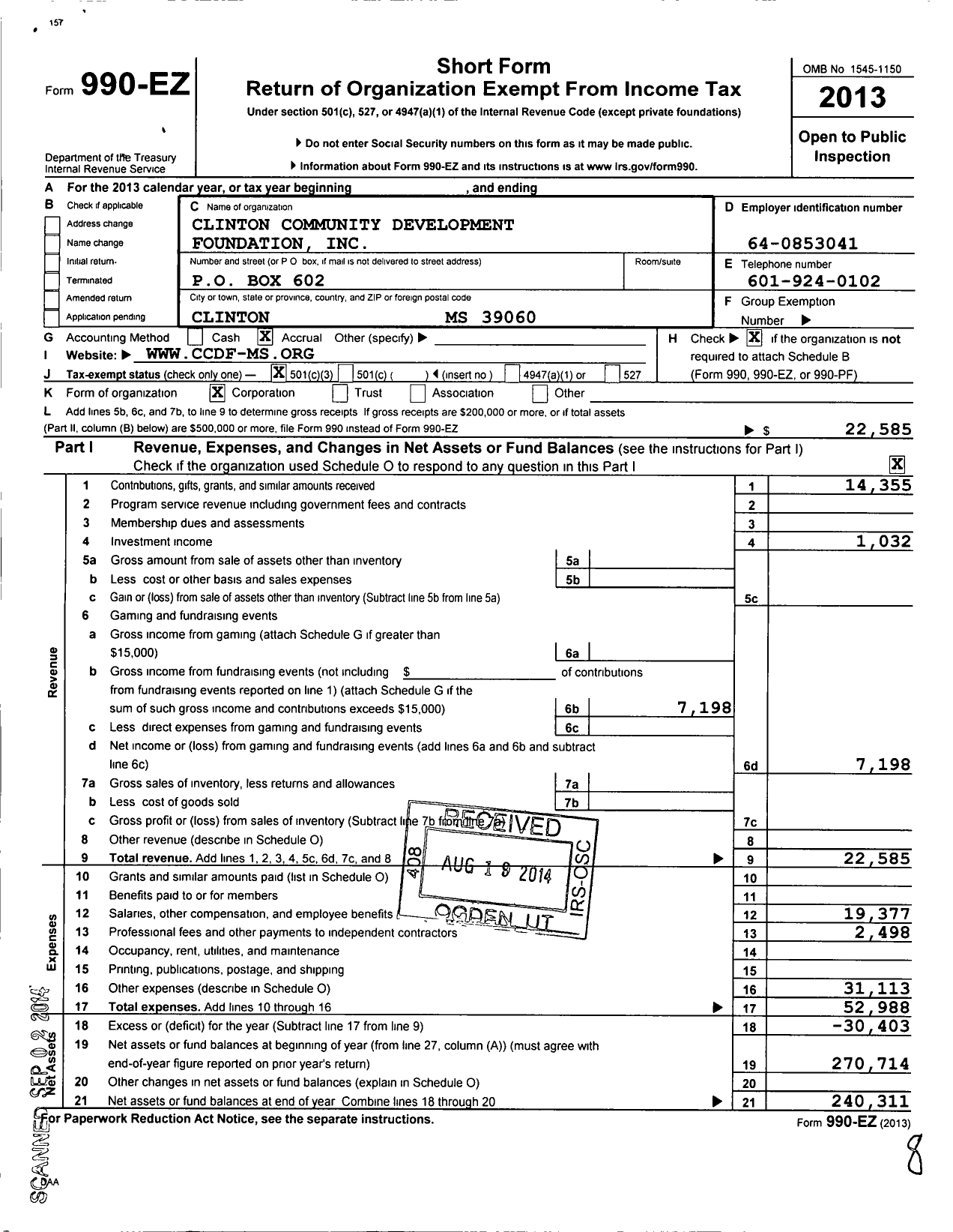 Image of first page of 2013 Form 990EZ for Clinton Community Development Foundation