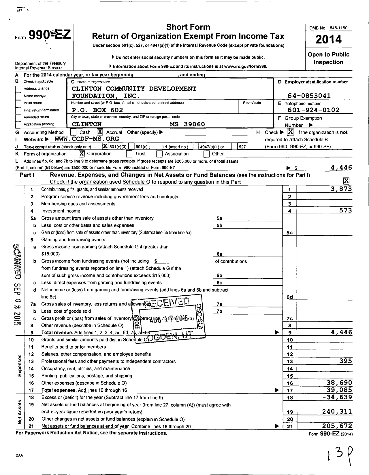 Image of first page of 2014 Form 990EZ for Clinton Community Development Foundation