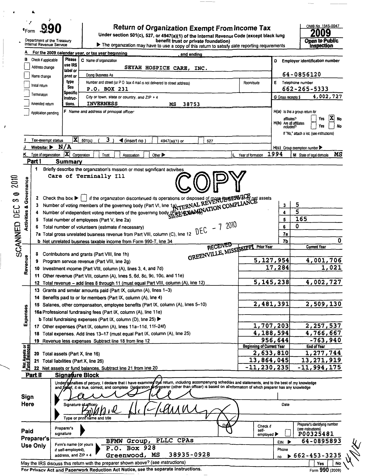 Image of first page of 2009 Form 990 for Seyah Hospice Care