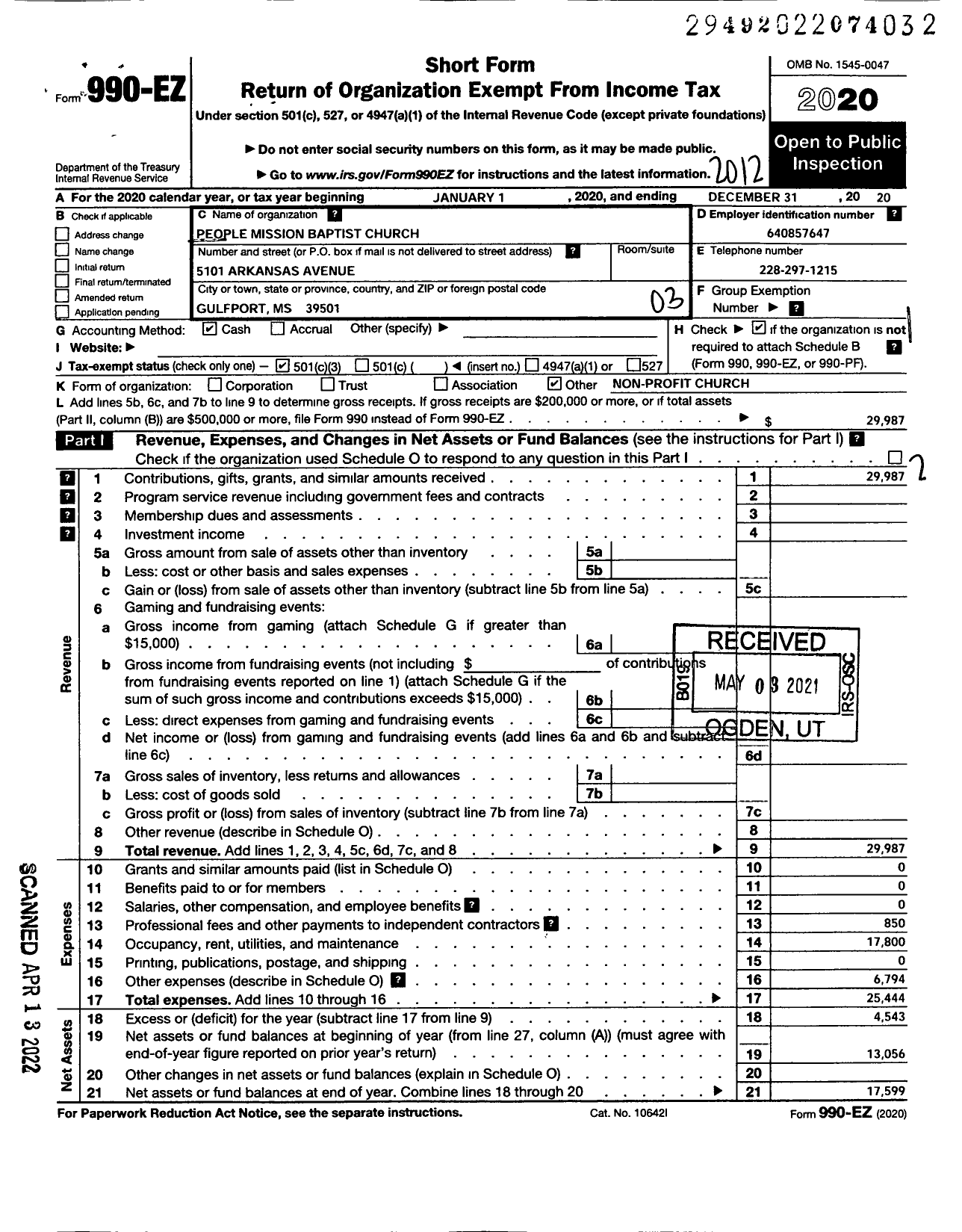 Image of first page of 2020 Form 990EZ for People Mission Baptist Church